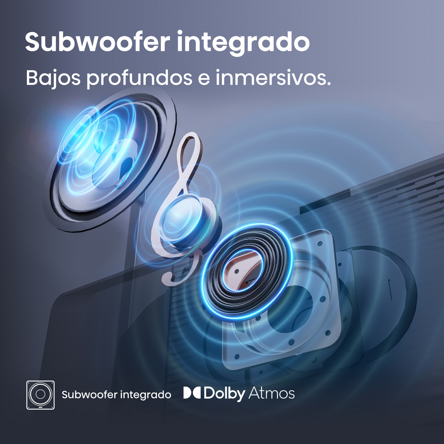 Imagen de un subwoofer con ondas de sonido y el logotipo de Dolby Atmos.