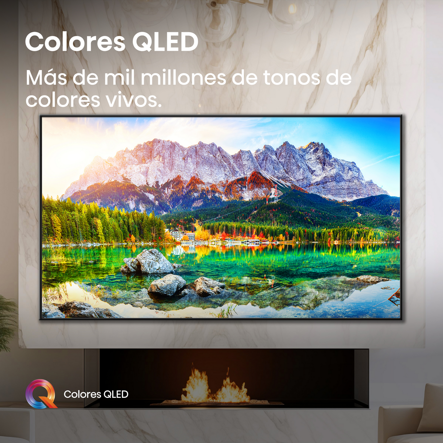 Un televisor muestra un paisaje escénico con colores vibrantes.