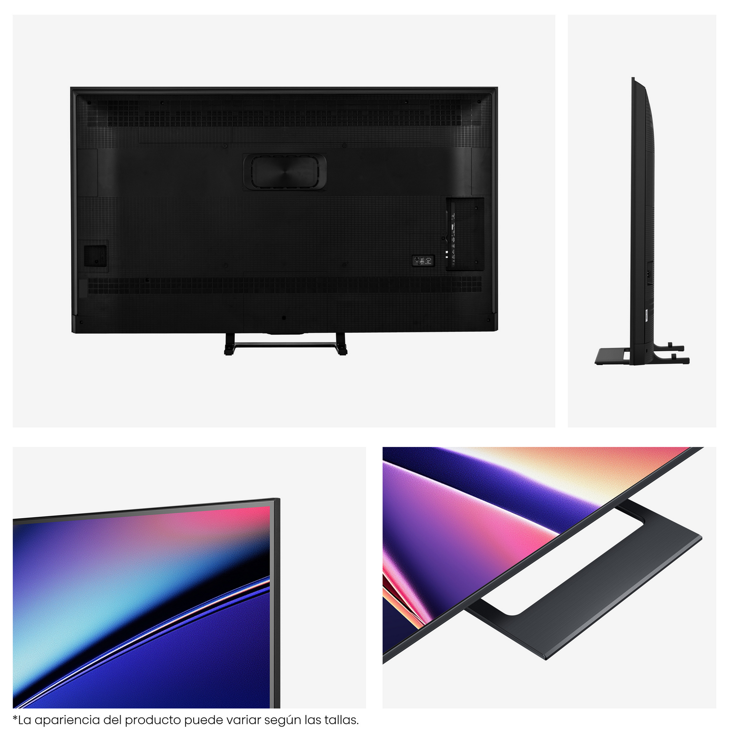 Imágenes de la parte trasera, lateral y soporte de un televisor negro.