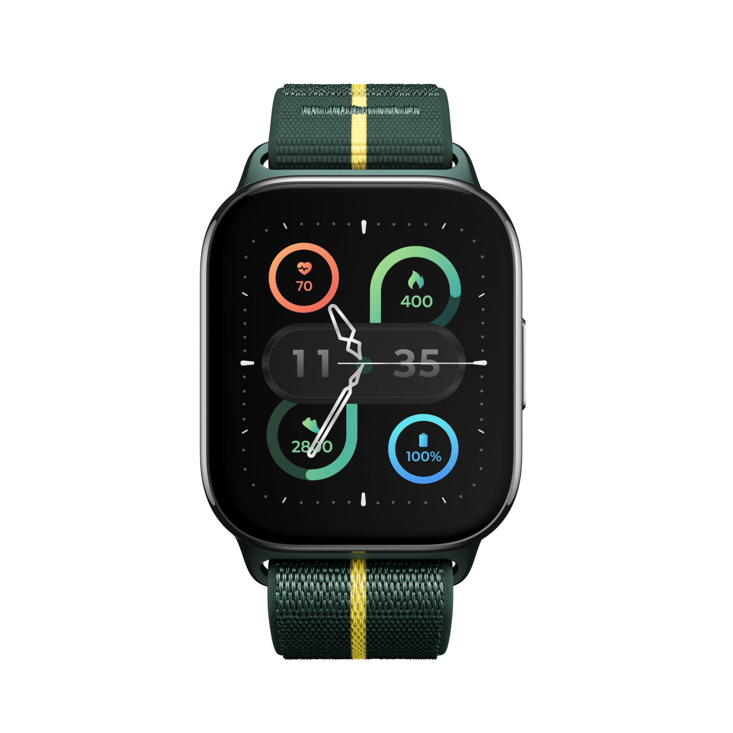 Smartwatch met een groene band, toont statistieken op het scherm.