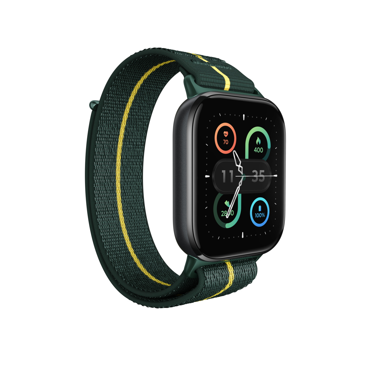 Groen en geel gestreepte smartwatch met een zwart scherm en een donkergroene band.