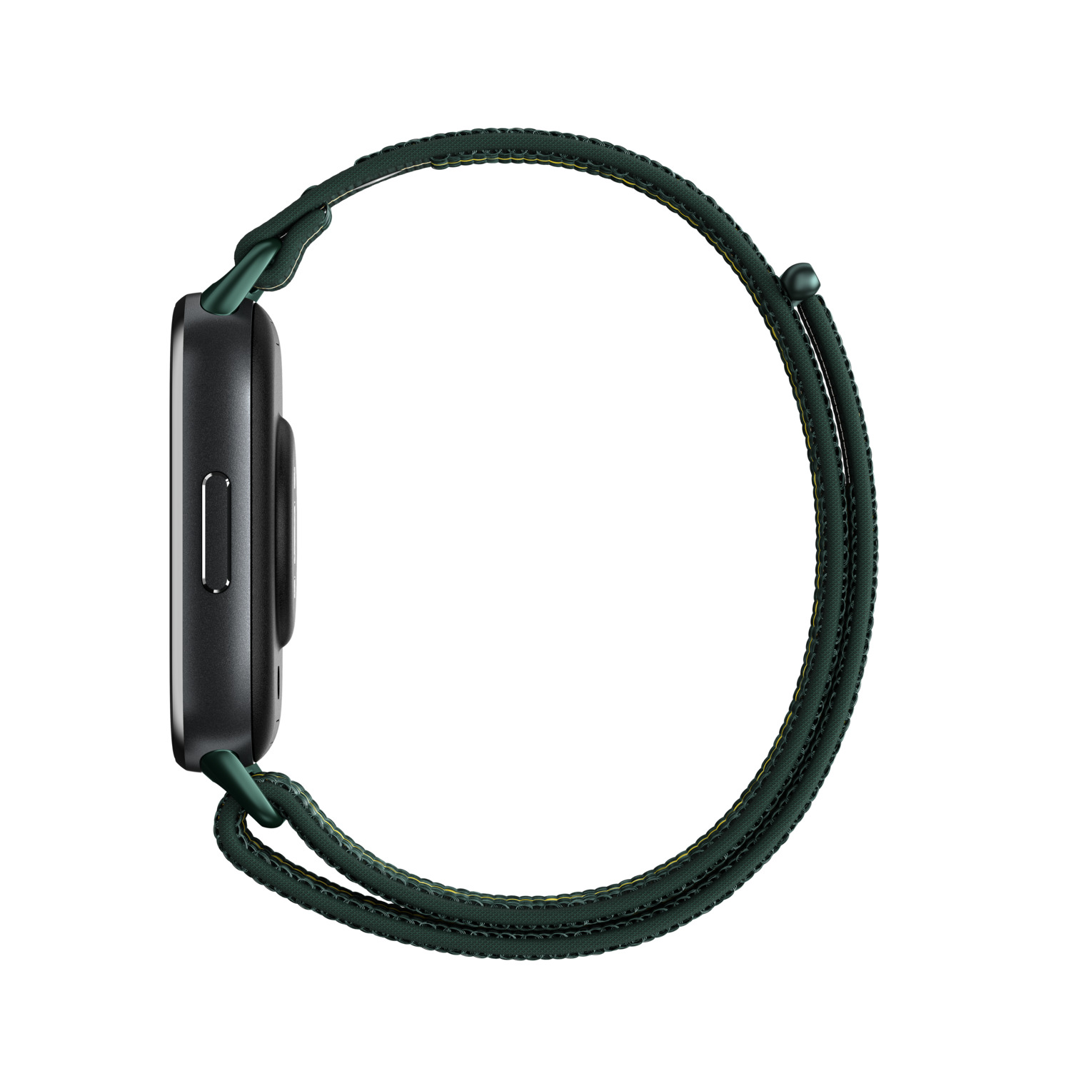 Zijaanzicht van een smartwatch met een donkergroene band met gele strepen, op een witte achtergrond.