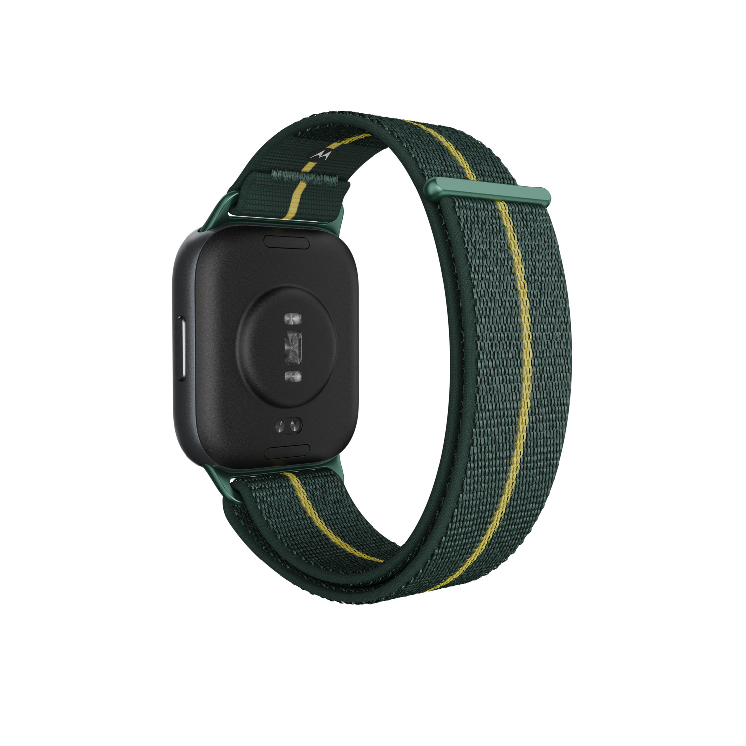 Achterkant van een smartwatch met een donkergroene band met gele strepen op een witte achtergrond.