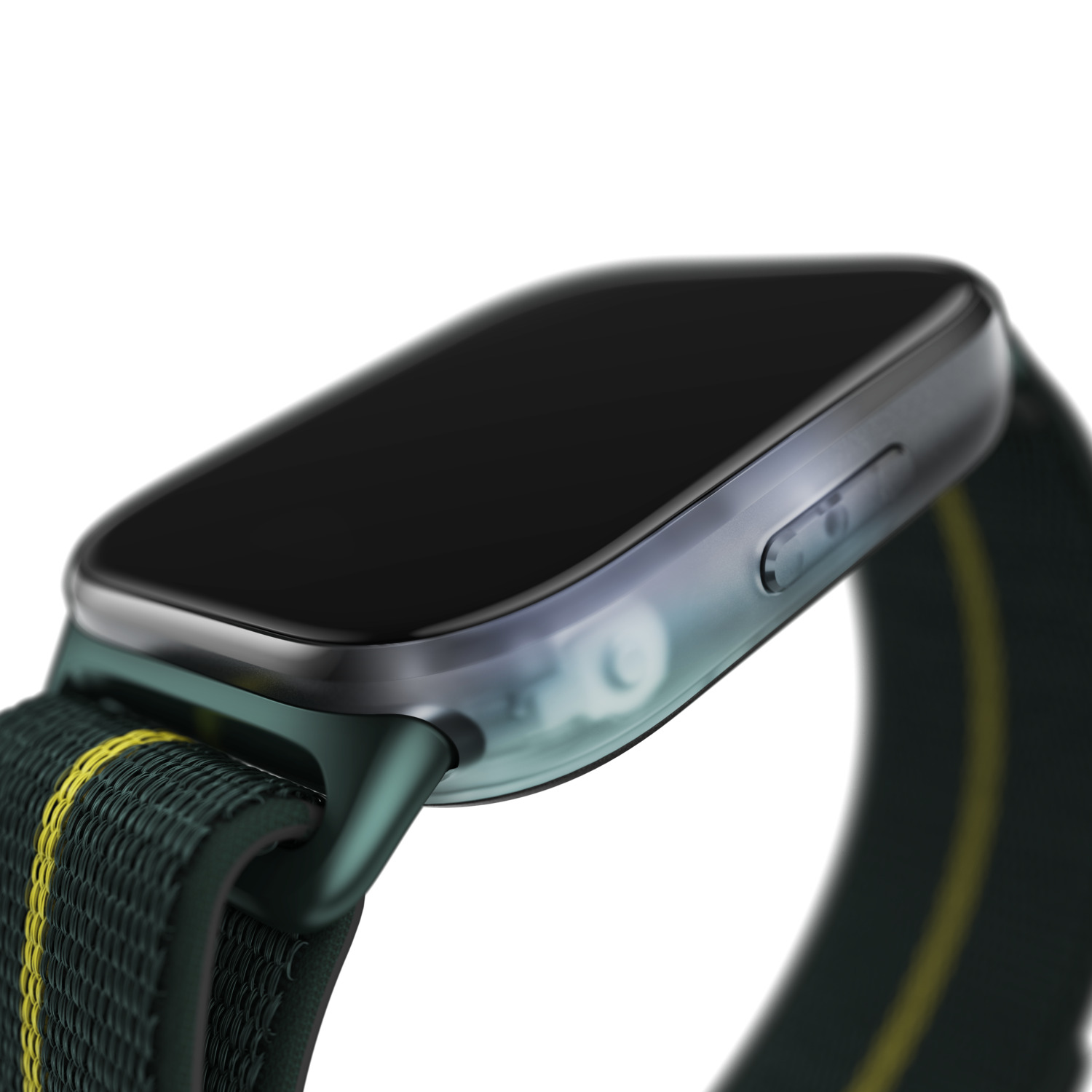 Close-up van een smartwatch met het scherm en de donkergroene en gele band.