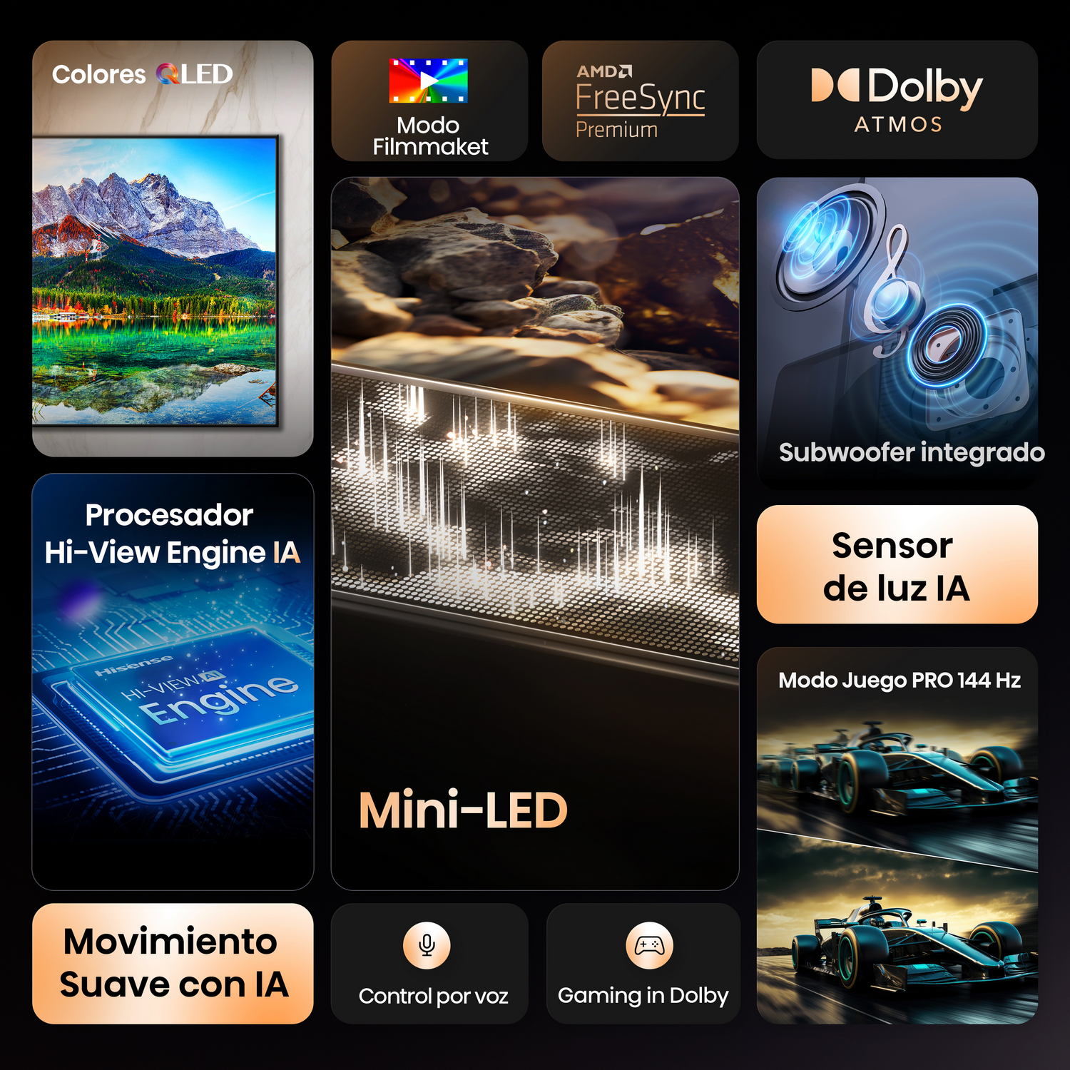Un televisor con varios iconos que muestran funciones como Mini-LED, Dolby Atmos y funciones de juego, y una imagen de una montaña.