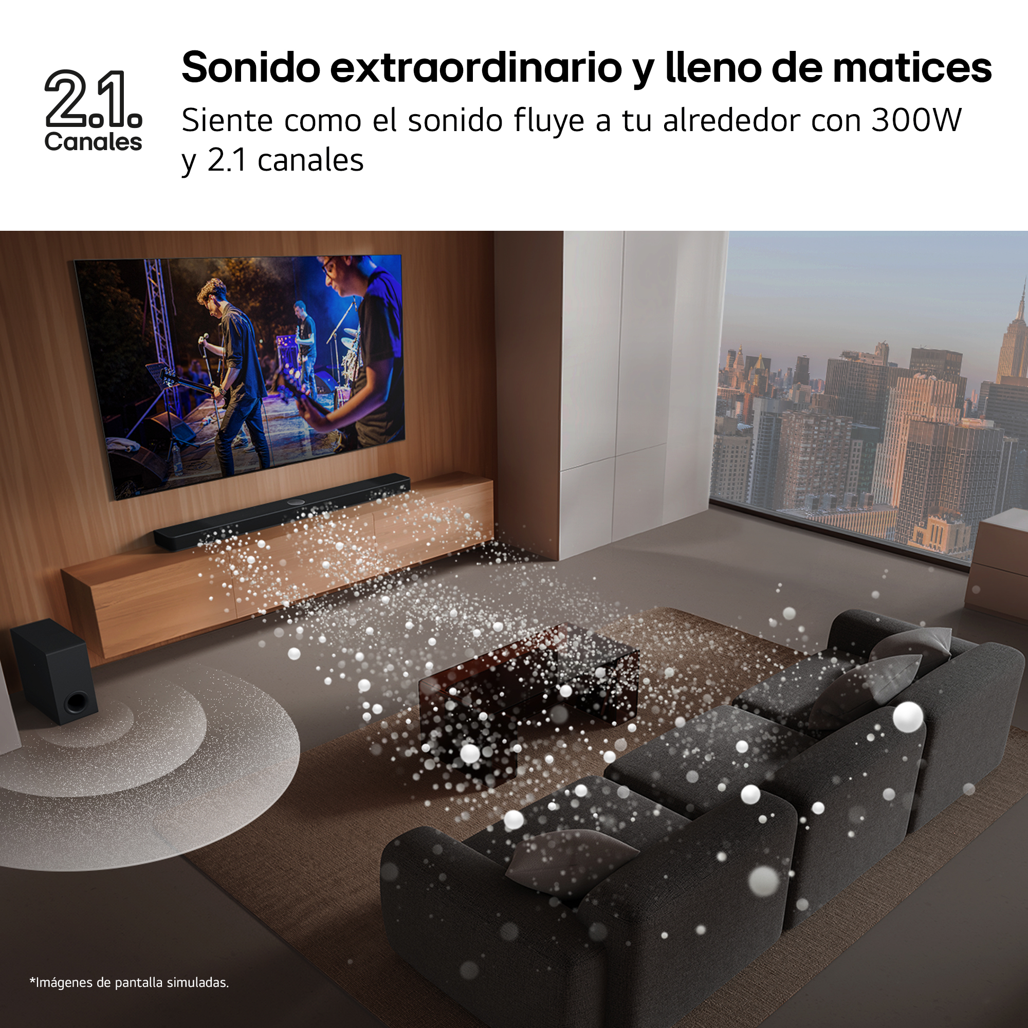 Un salón con un televisor que muestra una actuación de una banda, barra de sonido y subwoofer.