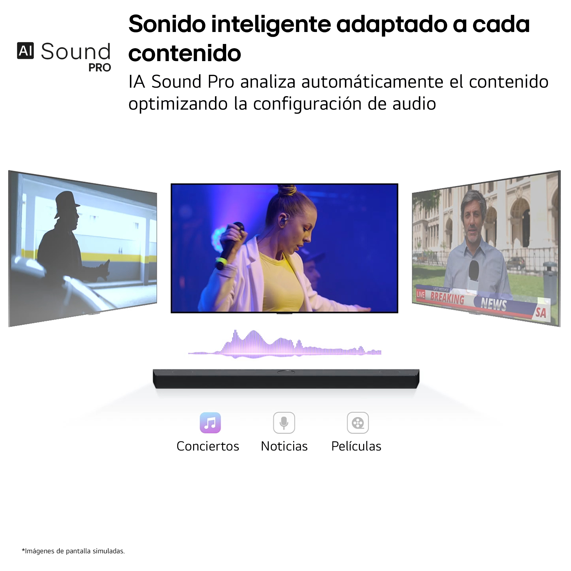 Tres pantallas que muestran diferente contenido, una barra de sonido en la parte inferior y una onda de sonido.