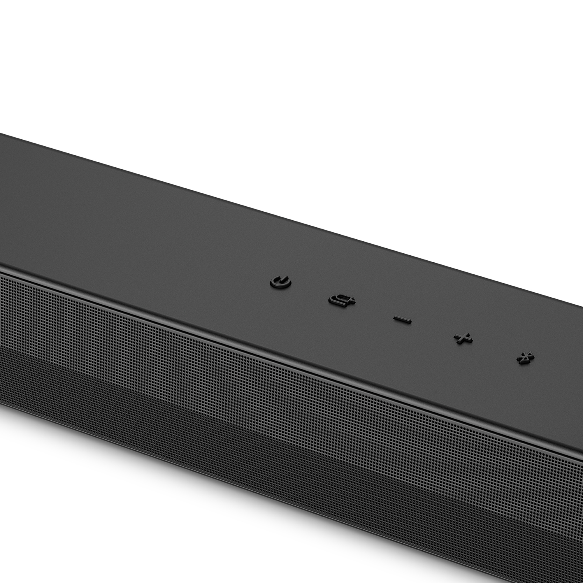 Un primer plano de una barra de sonido negra con botones de encendido y volumen en la parte superior.
