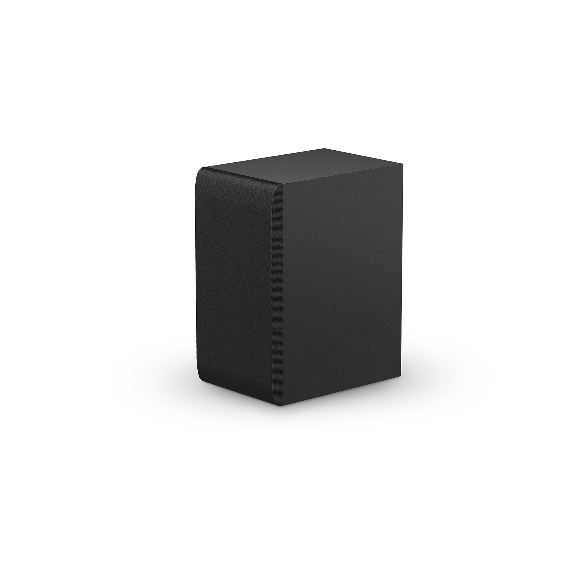 Un subwoofer negro sobre un fondo blanco, mostrando su perfil lateral.
