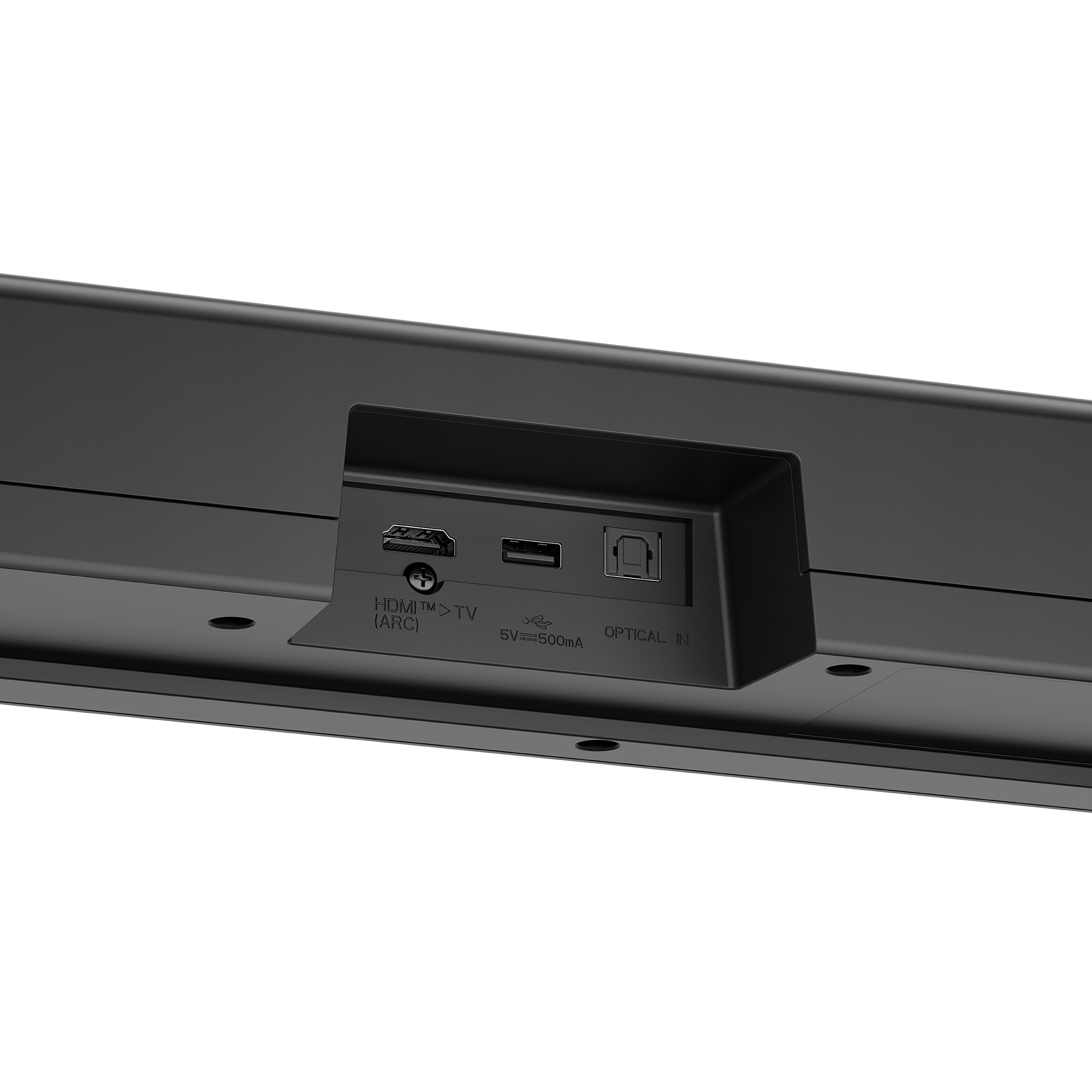 Primer plano de los conectores traseros de una barra de sonido: HDMI, USB y entrada óptica.