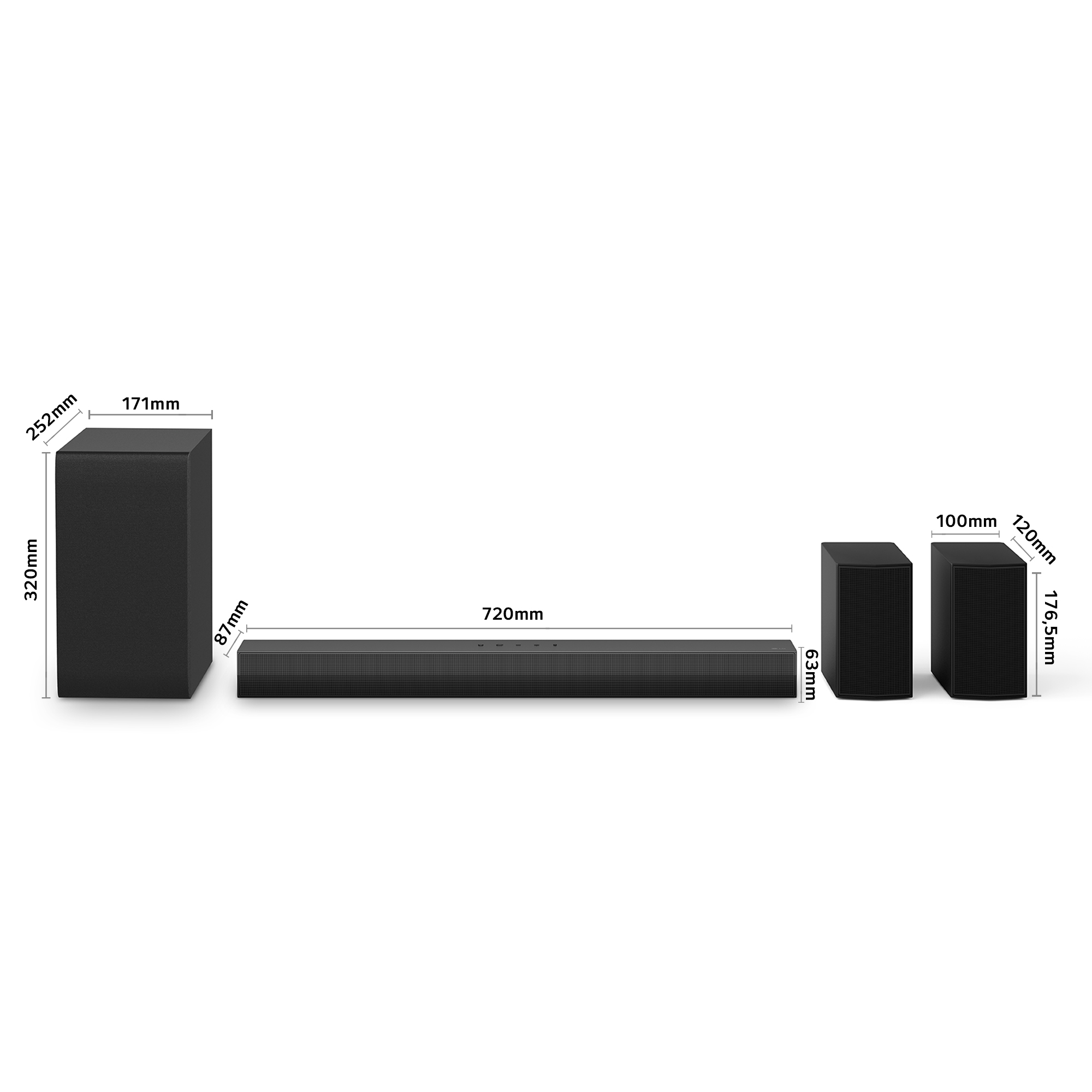 Barra de sonido negra con subwoofer y dos altavoces. Dimensiones visibles.