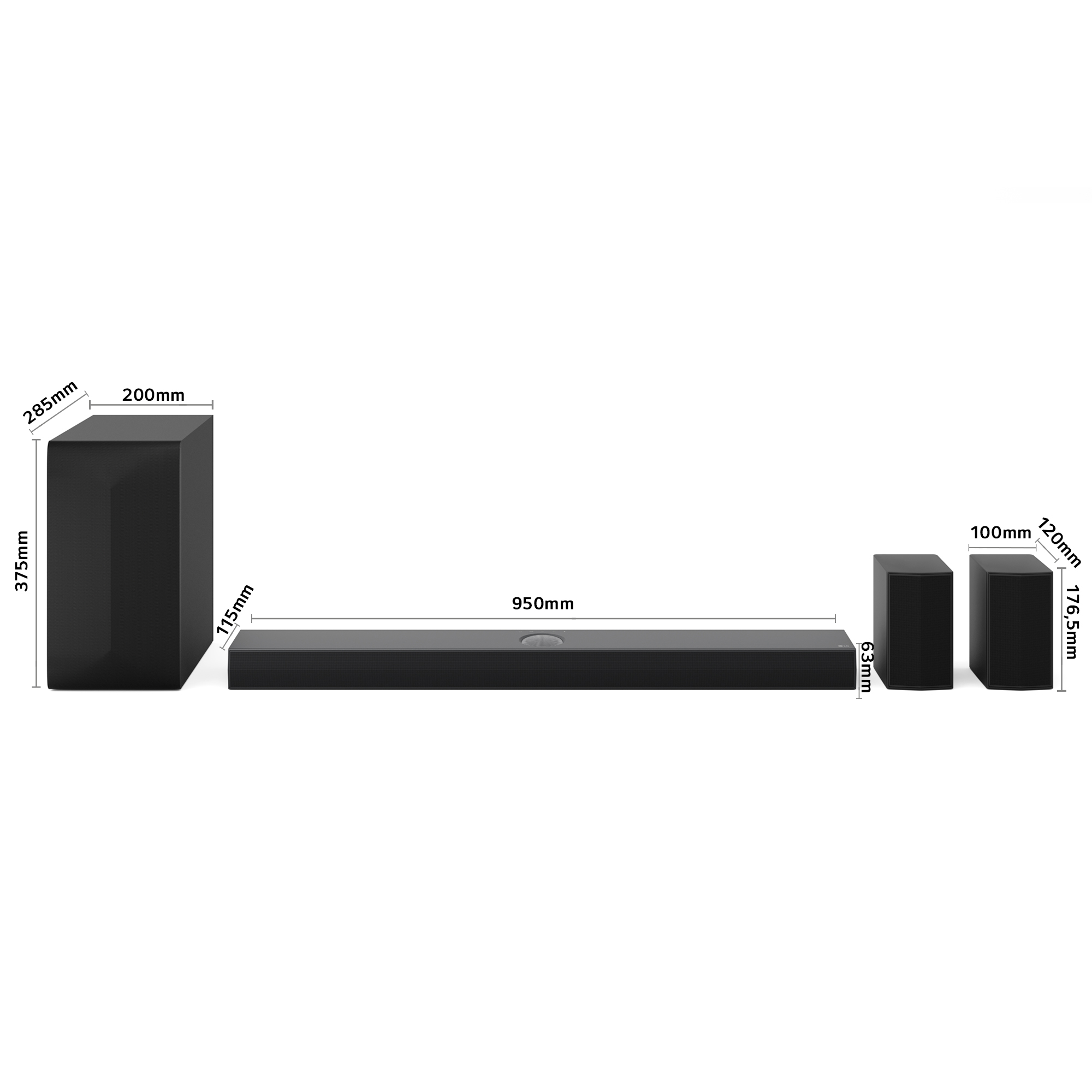 Diagrama que muestra las dimensiones de una barra de sonido, un subwoofer y dos altavoces más pequeños.