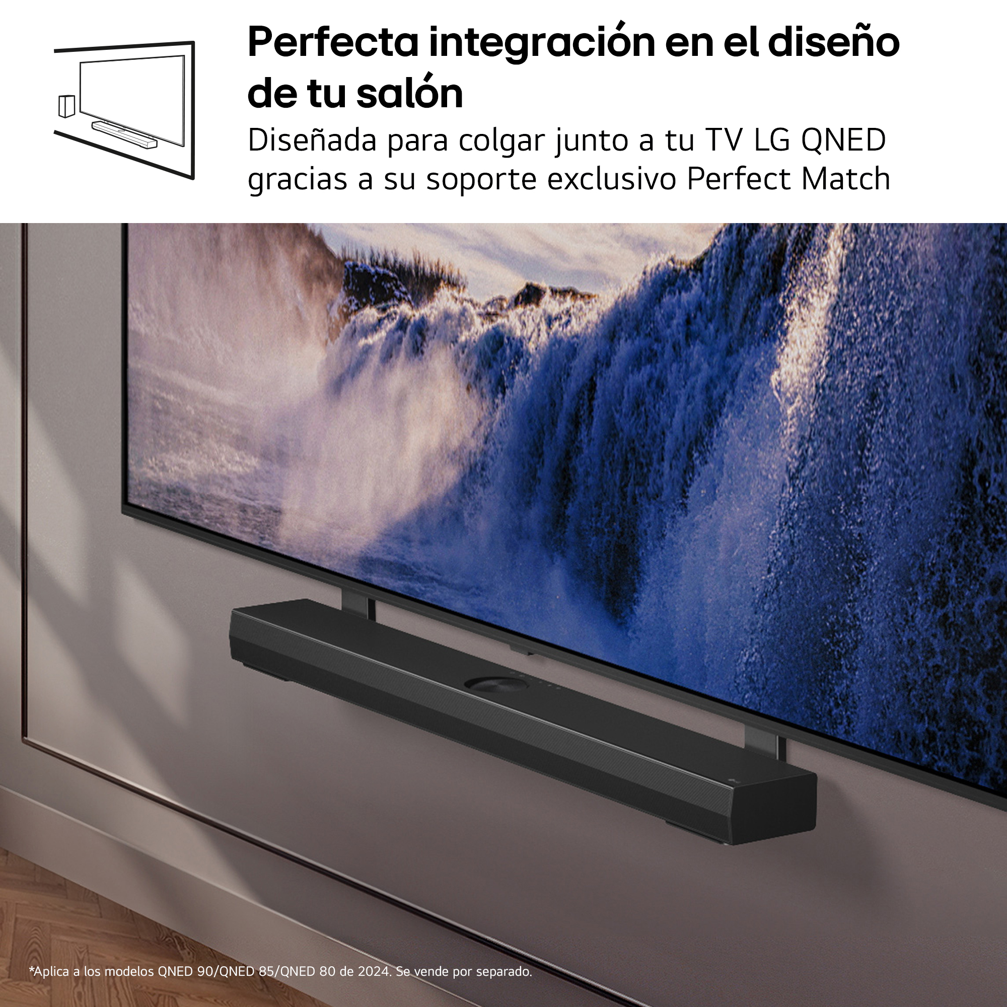 Una barra de sonido montada debajo de un televisor, mostrando una escena de cascada en la pantalla del televisor.