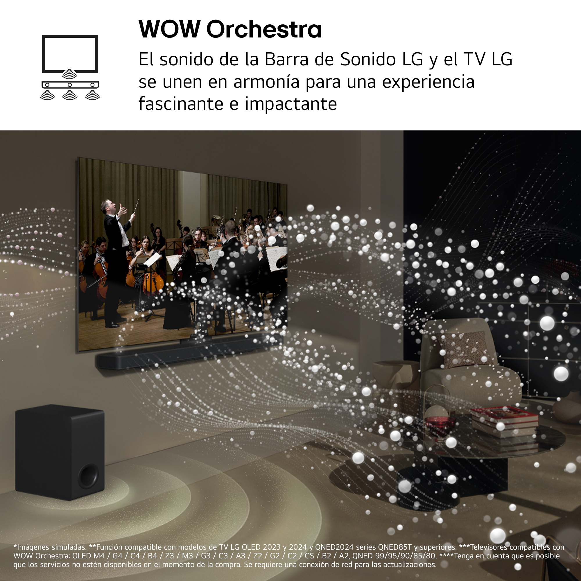Una orquesta tocando en la pantalla de un televisor, las ondas de sonido emanan del televisor y la barra de sonido.