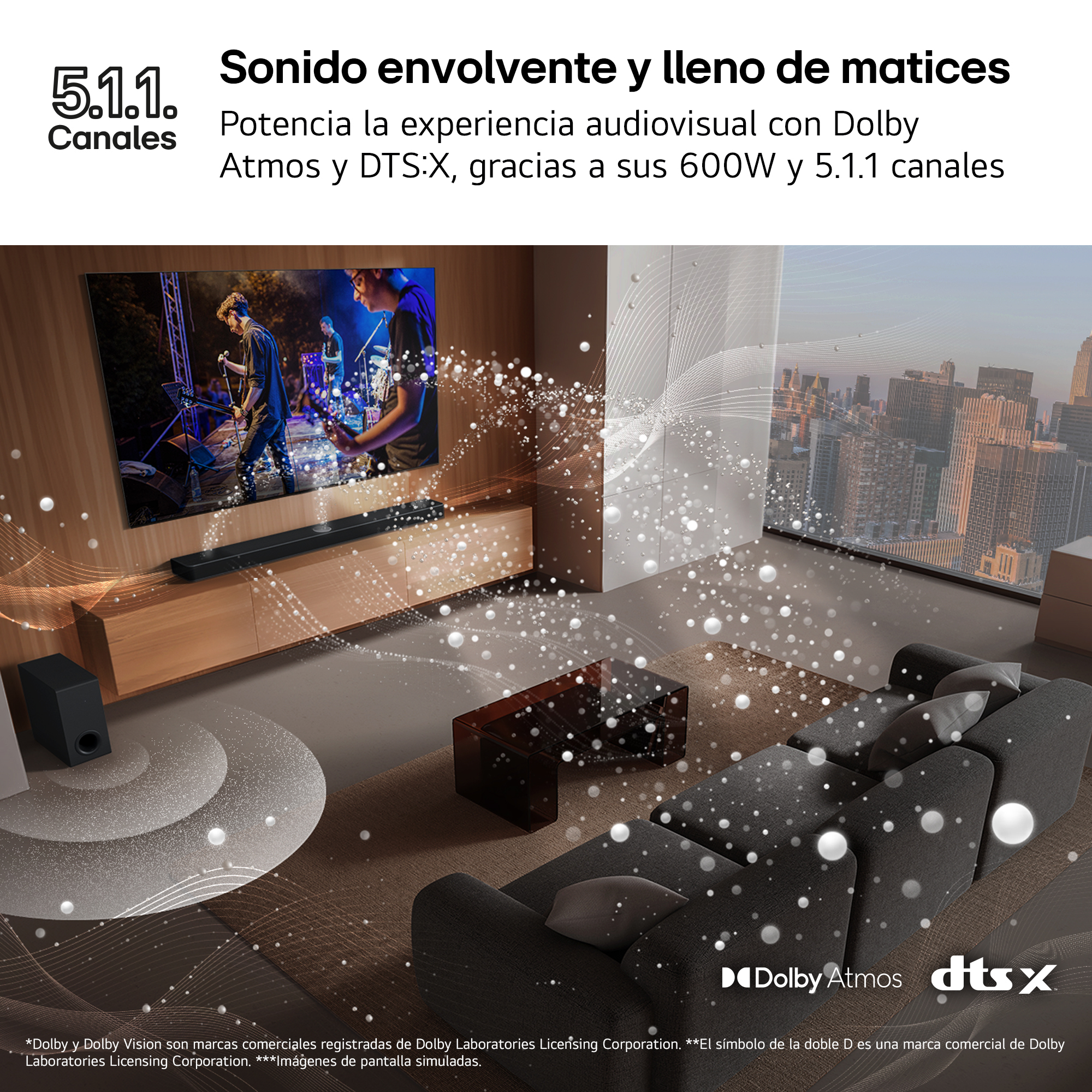 Una sala de estar con TV y barra de sonido, que muestra una escena de concierto.