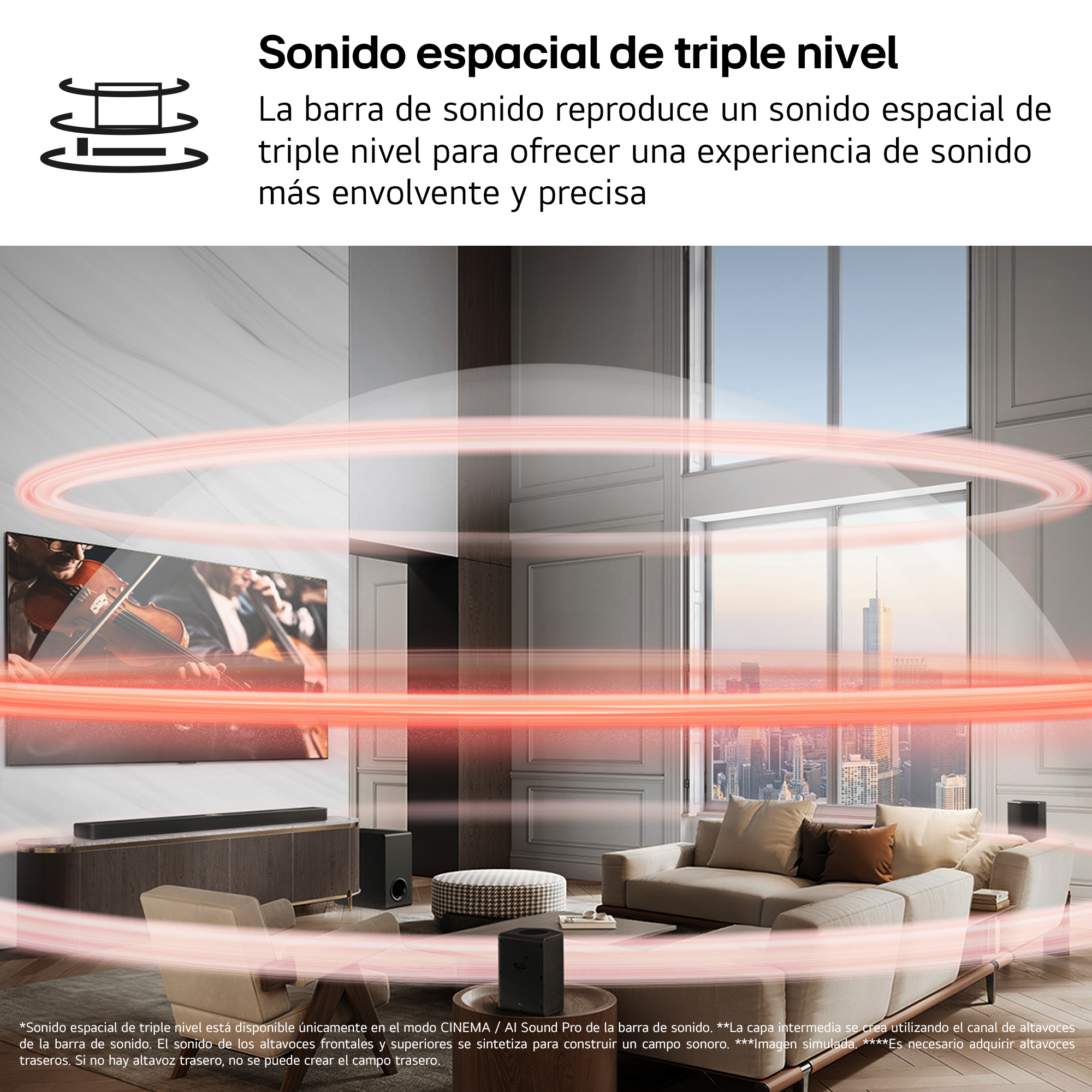 Una sala de estar con TV y barra de sonido, que muestra la proyección de ondas de sonido.