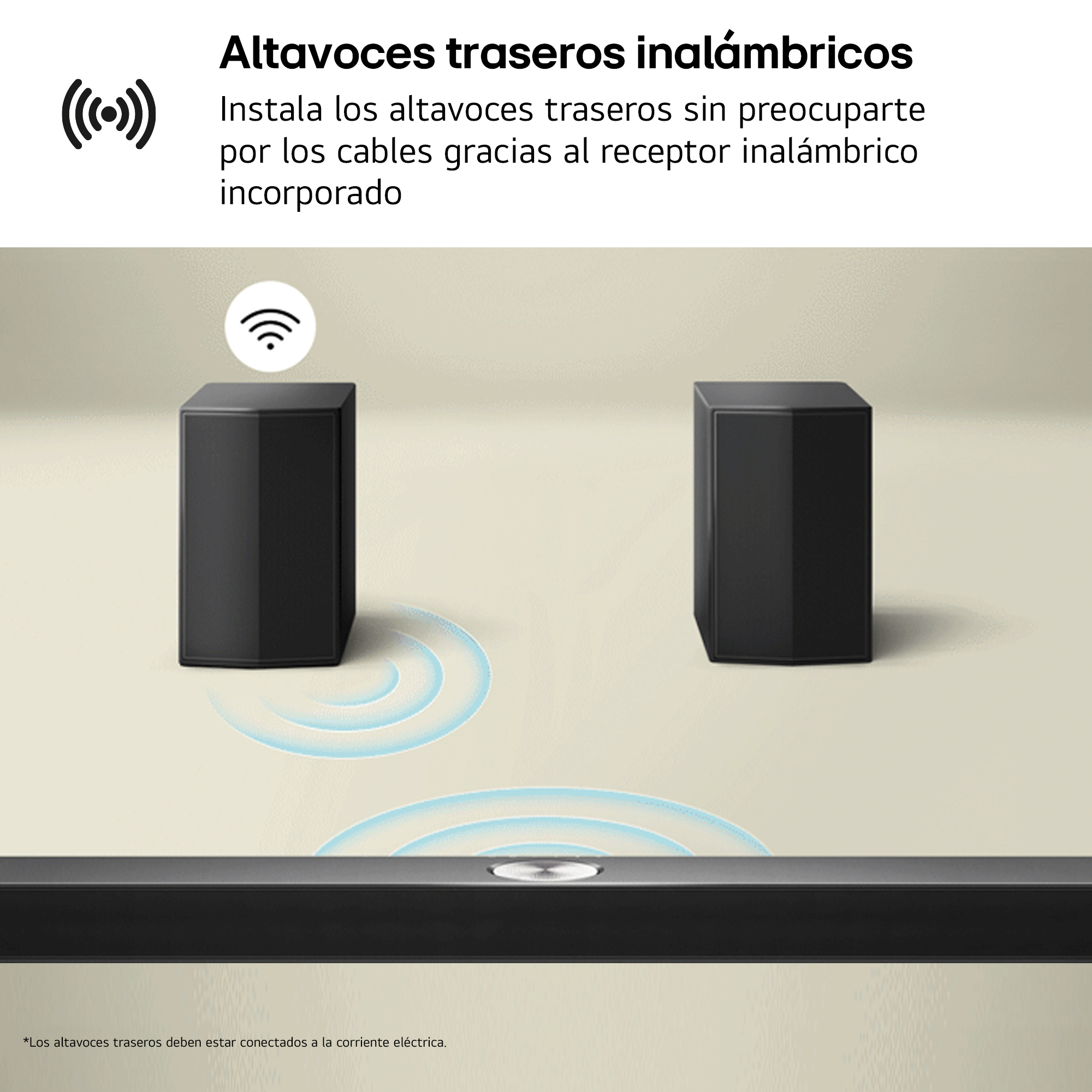 Dos altavoces traseros inalámbricos y una barra de sonido con un símbolo wifi.
