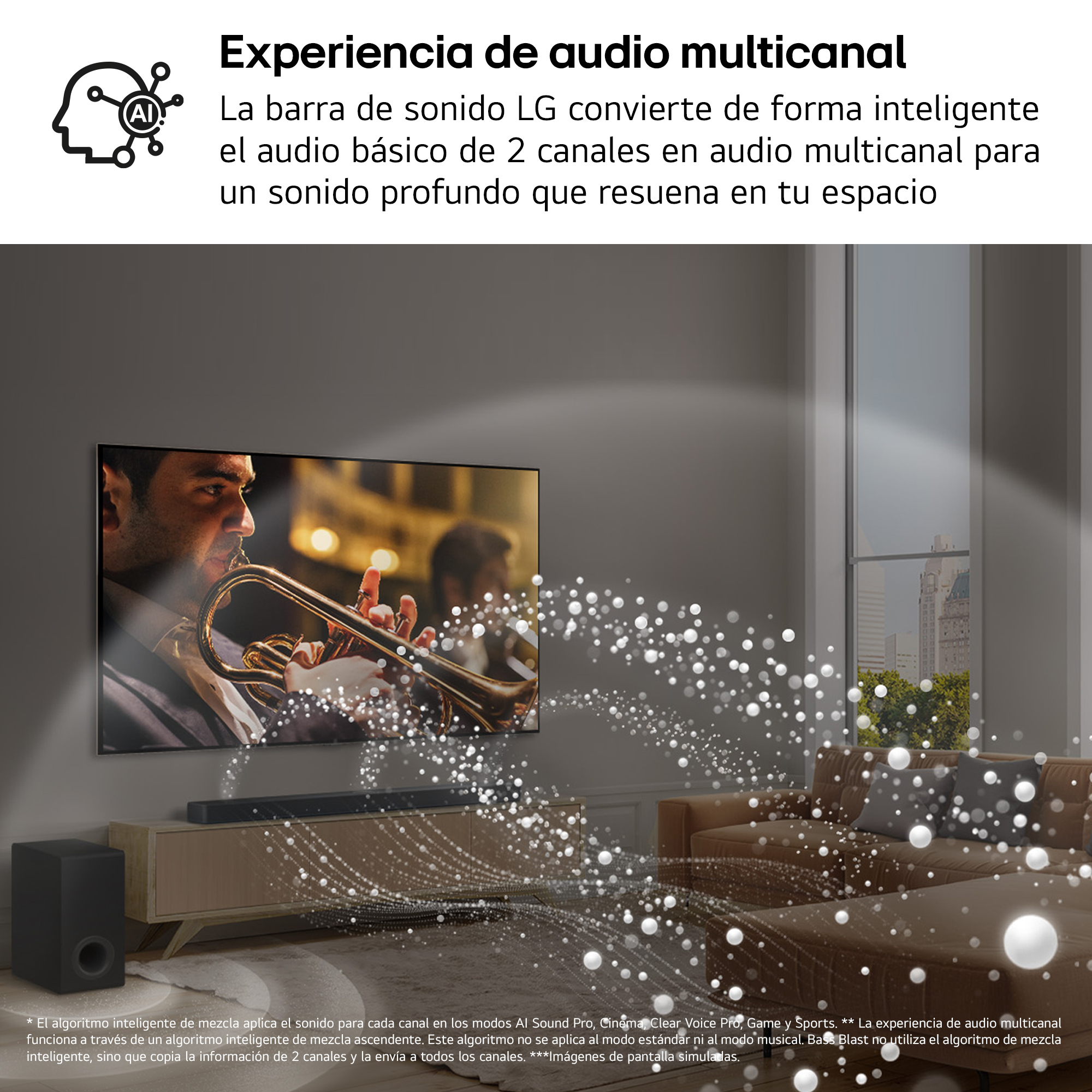 Salón con TV, barra de sonido y hombre tocando trompeta en pantalla. Se muestran ondas de sonido.