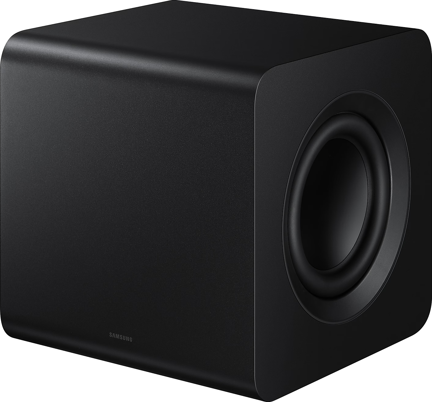 Caisson de basses noir avec haut-parleur central et logo Samsung.