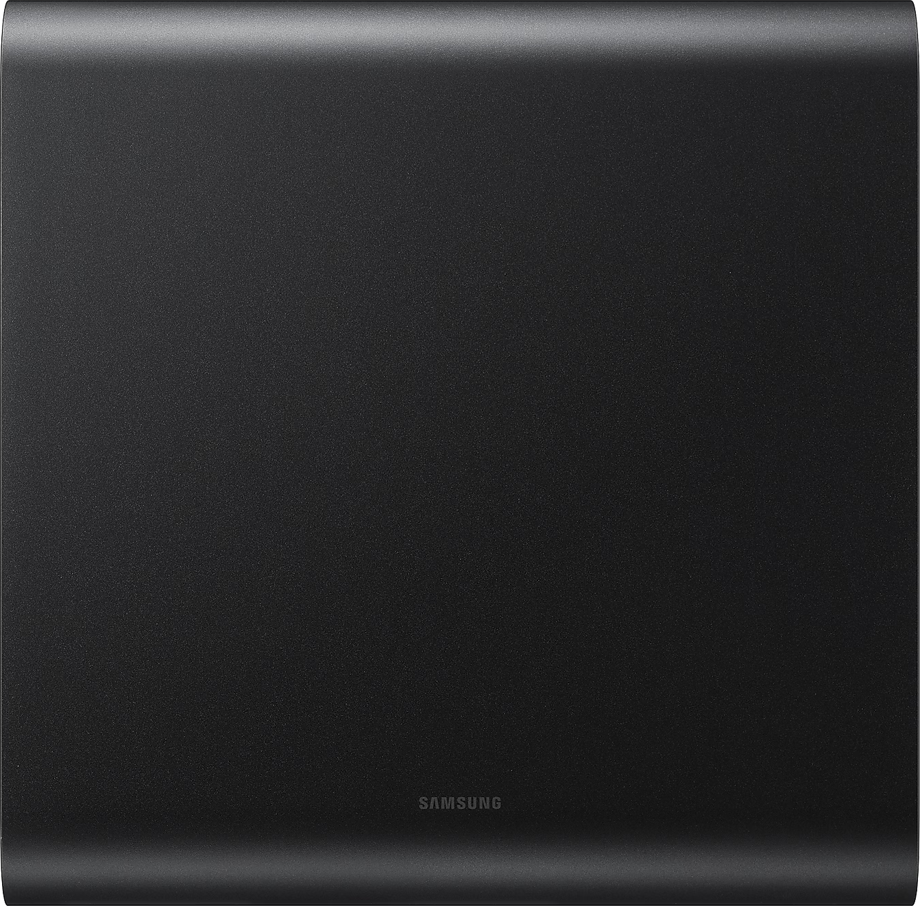 Panneau arrière du caisson de basses noir, finition lisse, logo Samsung.