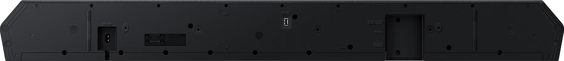 Bas d'une barre de son noire, avec ports et diverses étiquettes.