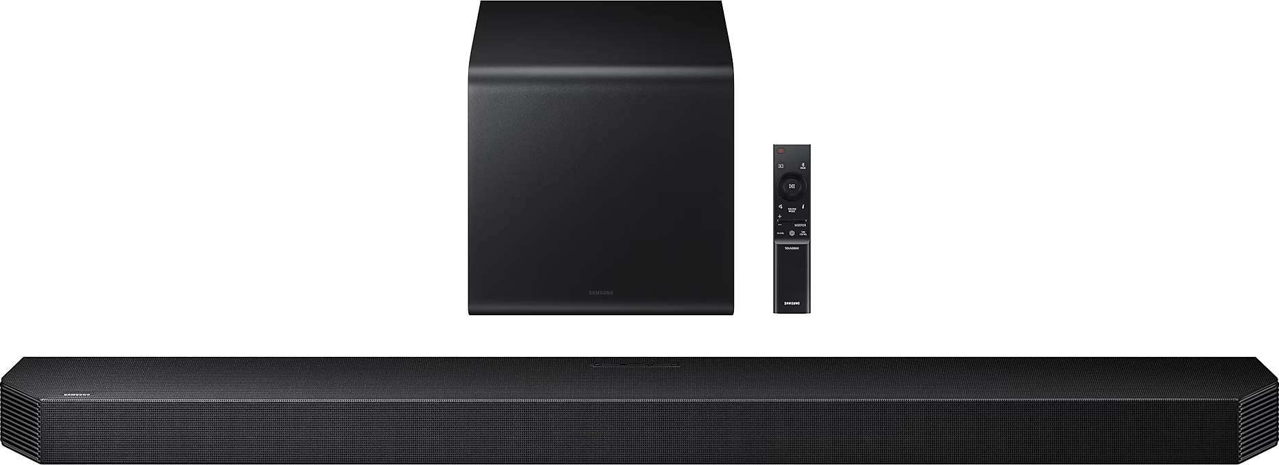 Ensemble barre de son, caisson de basses et télécommande noirs.