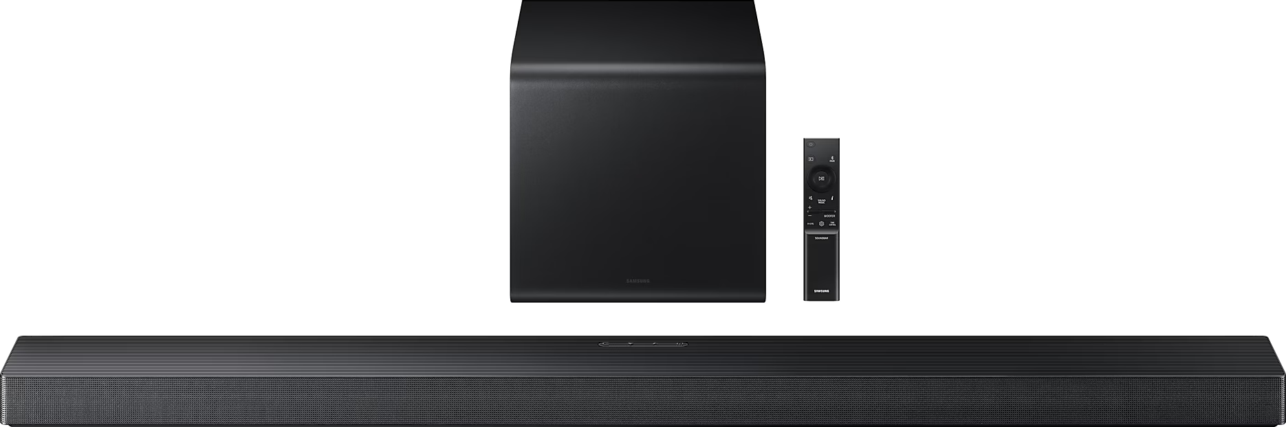 Configuration complète de home cinéma. Barre de son, caisson de basses et télécommande.