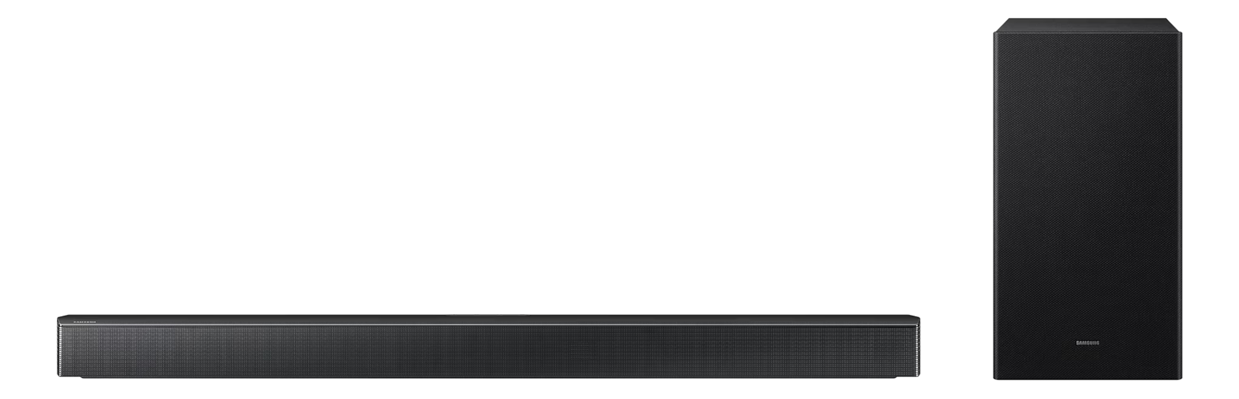 Soundbar und Subwoofer vor schwarzem Hintergrund. Beide sind schwarz.