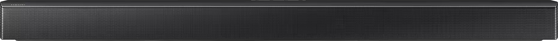 Barre de son noire, horizontale, avec façade en mesh. Logo Samsung dessus.