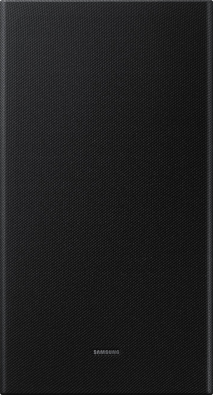 Côté du caisson de basses noir, texturé. Logo Samsung en bas.