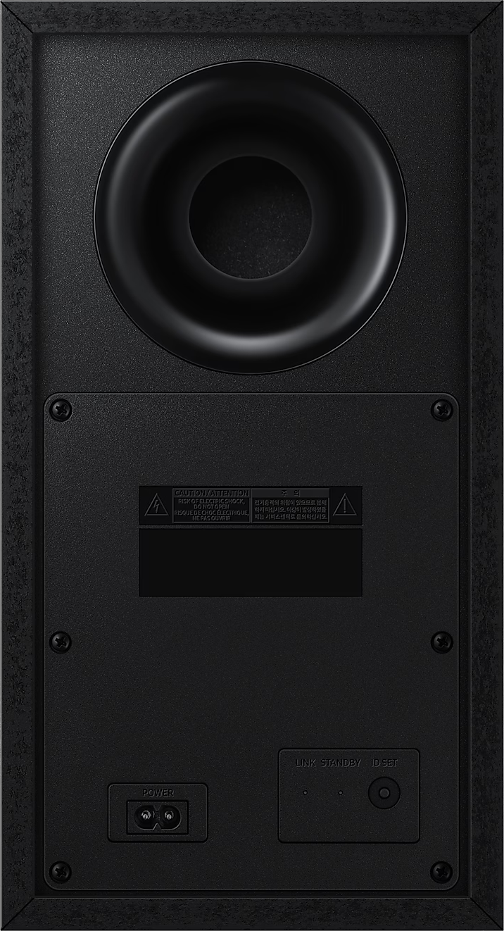 Vue arrière d'un caisson de basses noir avec ports et un grand haut-parleur.