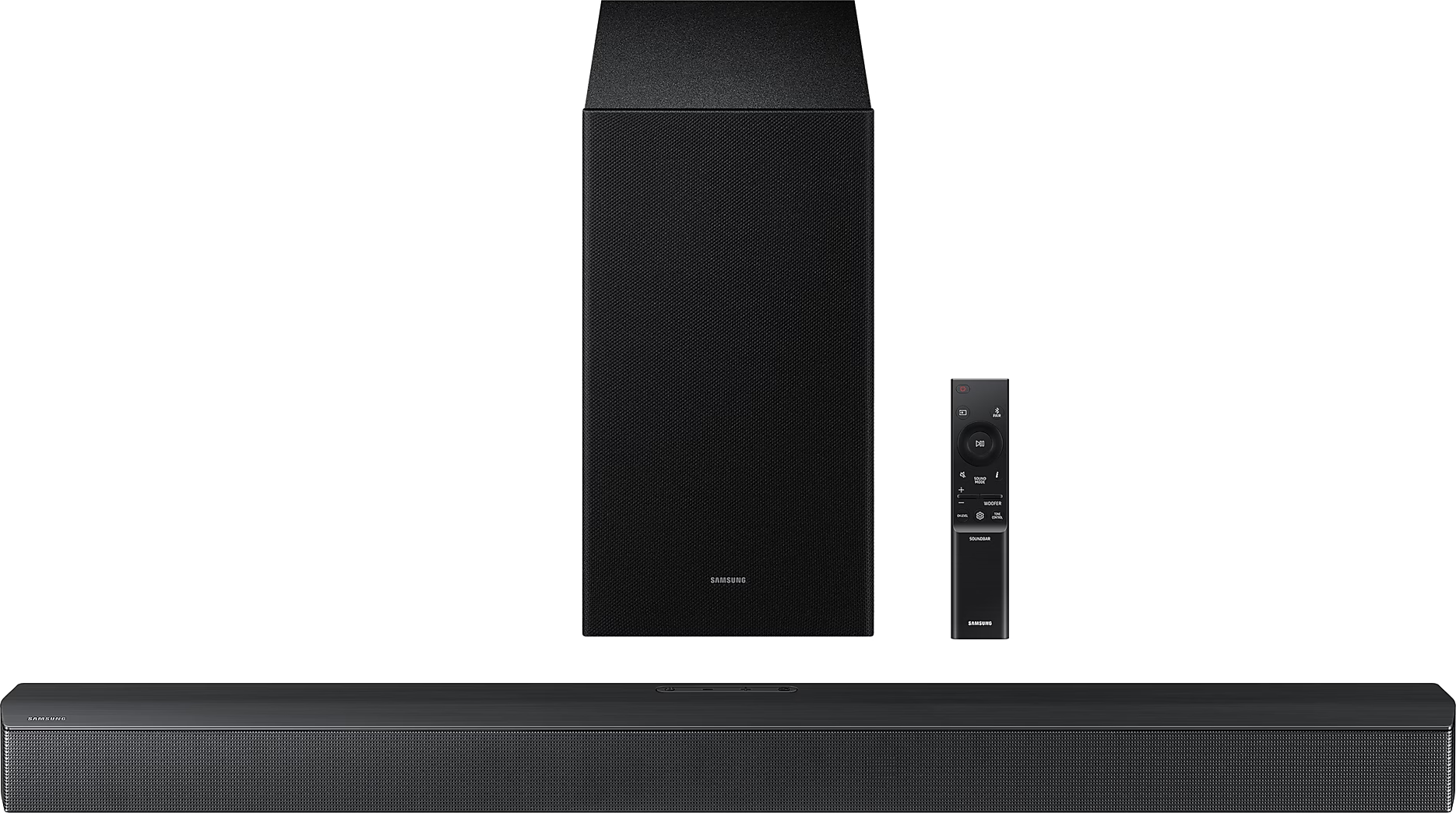 Configuration complète de home cinéma avec barre de son, caisson et télécommande.