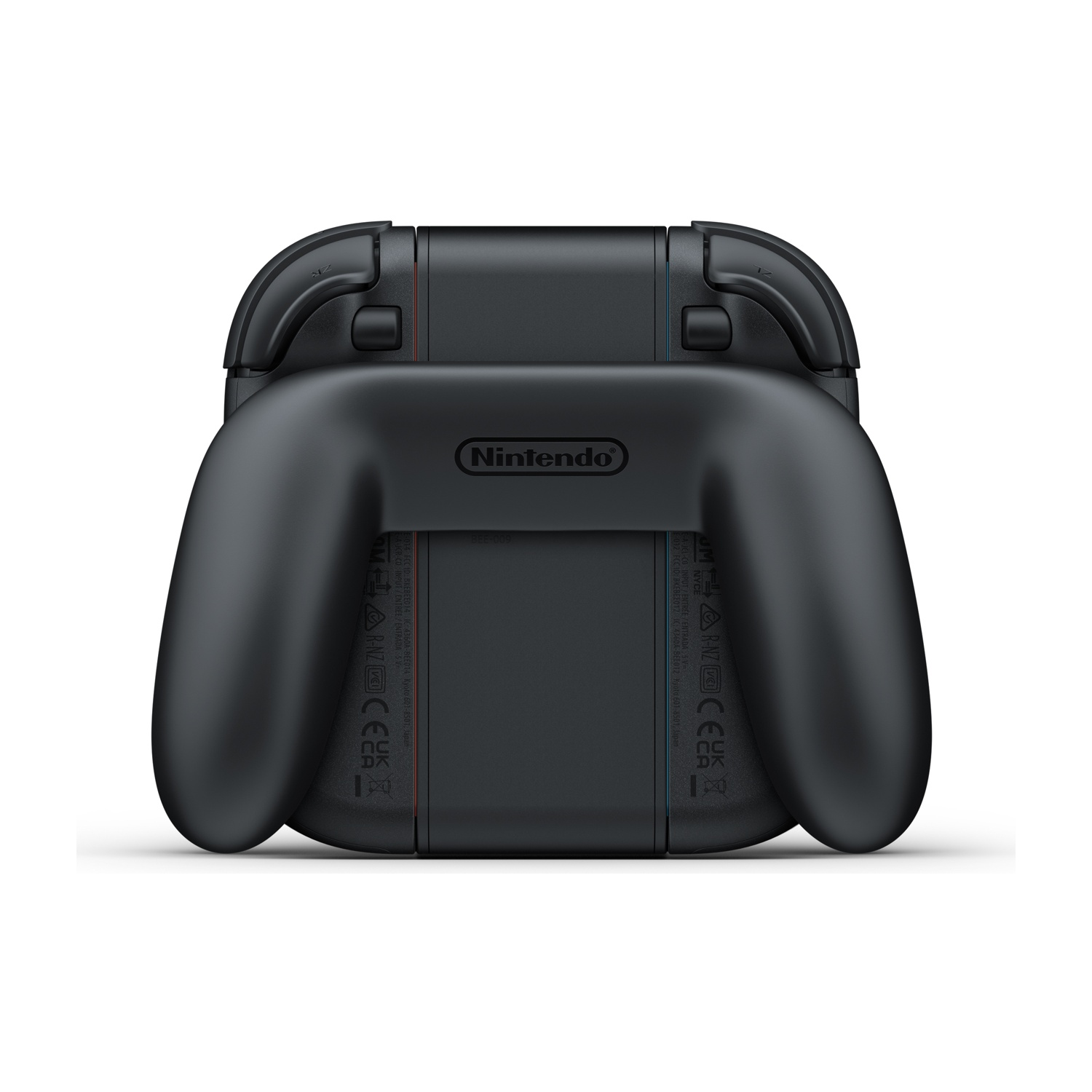 Impugnatura nera per controller Nintendo Switch, con 'Nintendo'. Forma curva con estensioni.