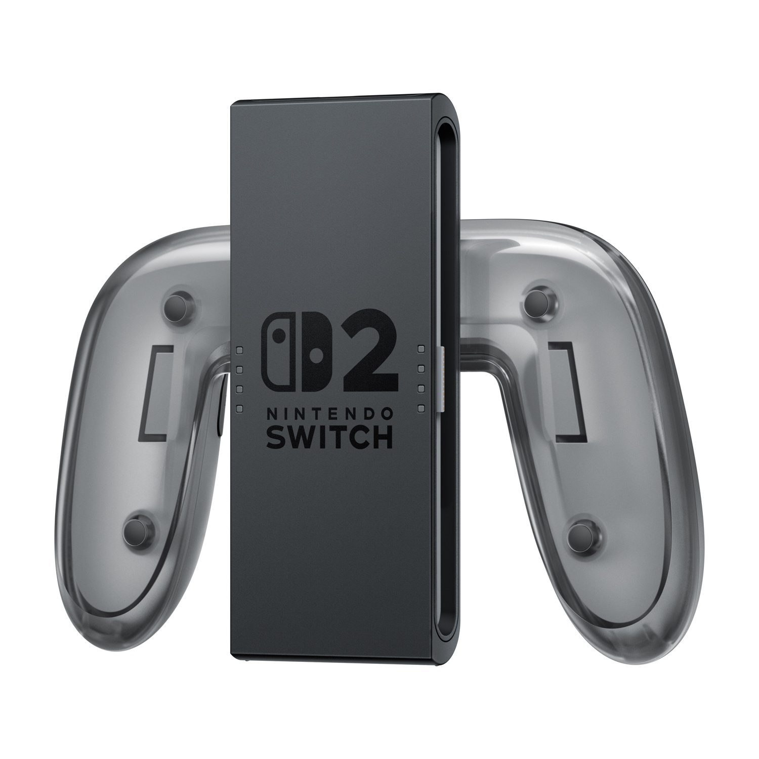 Impugnatura di ricarica nera per Joy-Cons Nintendo Switch, con logo. Impugnature trasparenti ai lati.
