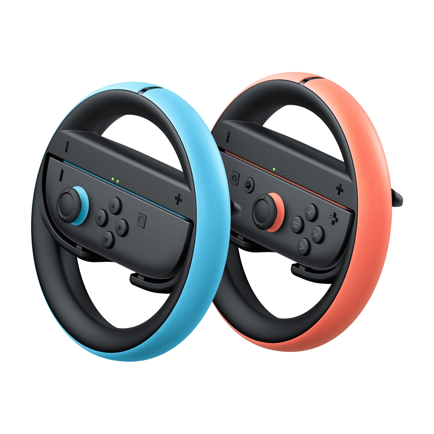 Due volanti Nintendo Switch, uno blu, uno arancione, su bianco.