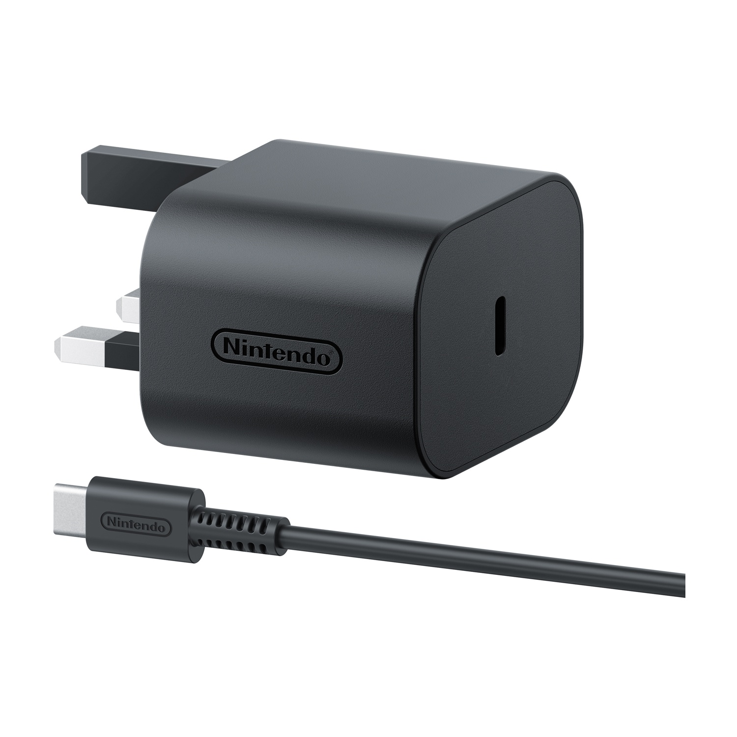 Caricabatterie Nintendo nero con spina UK e cavo USB-C, su bianco.