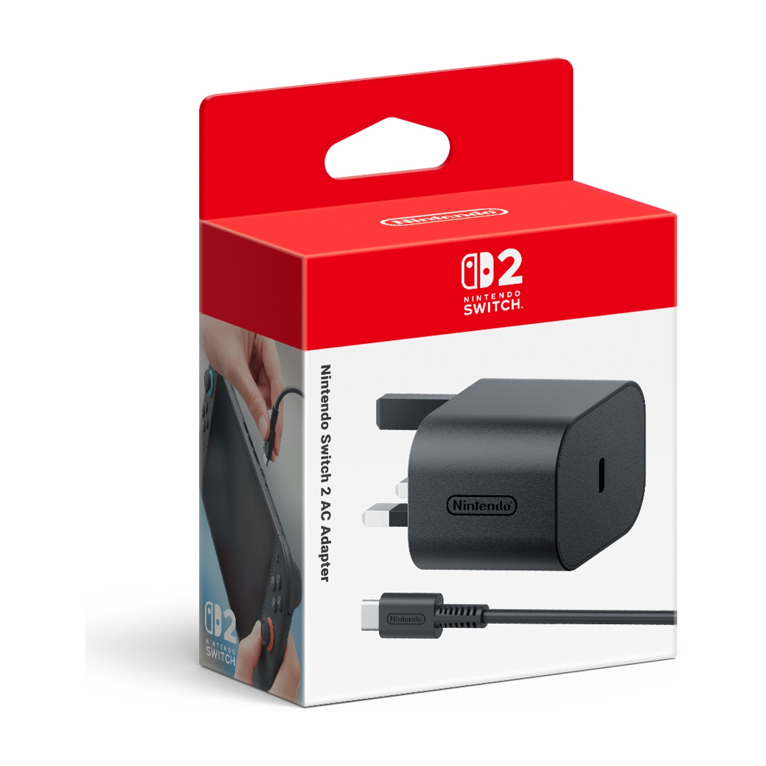 Scatola adattatore CA Nintendo Switch, caricatore nero, con connettori bianchi.
