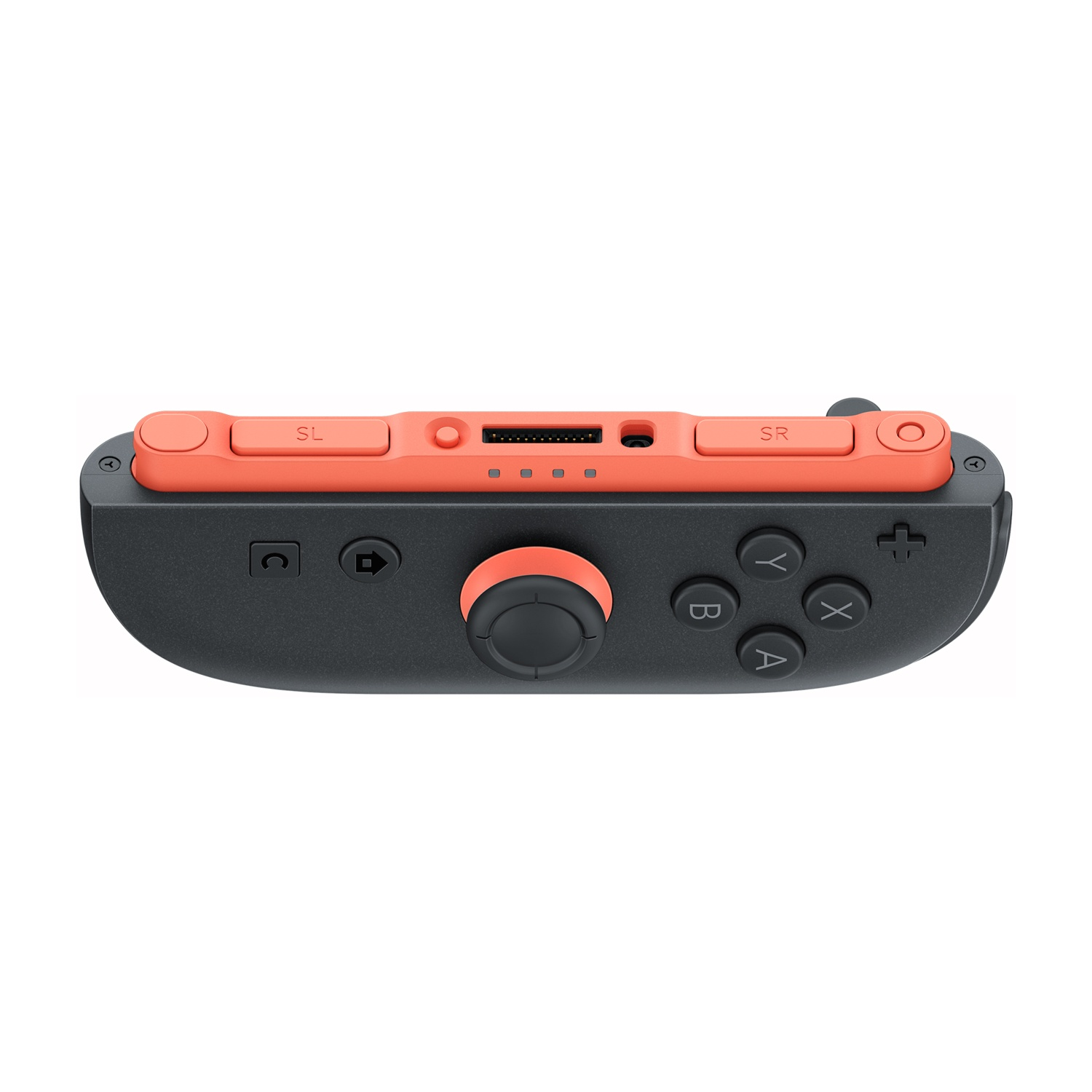 Joy-Con nero Nintendo Switch con pulsanti arancioni e dettagli blu.