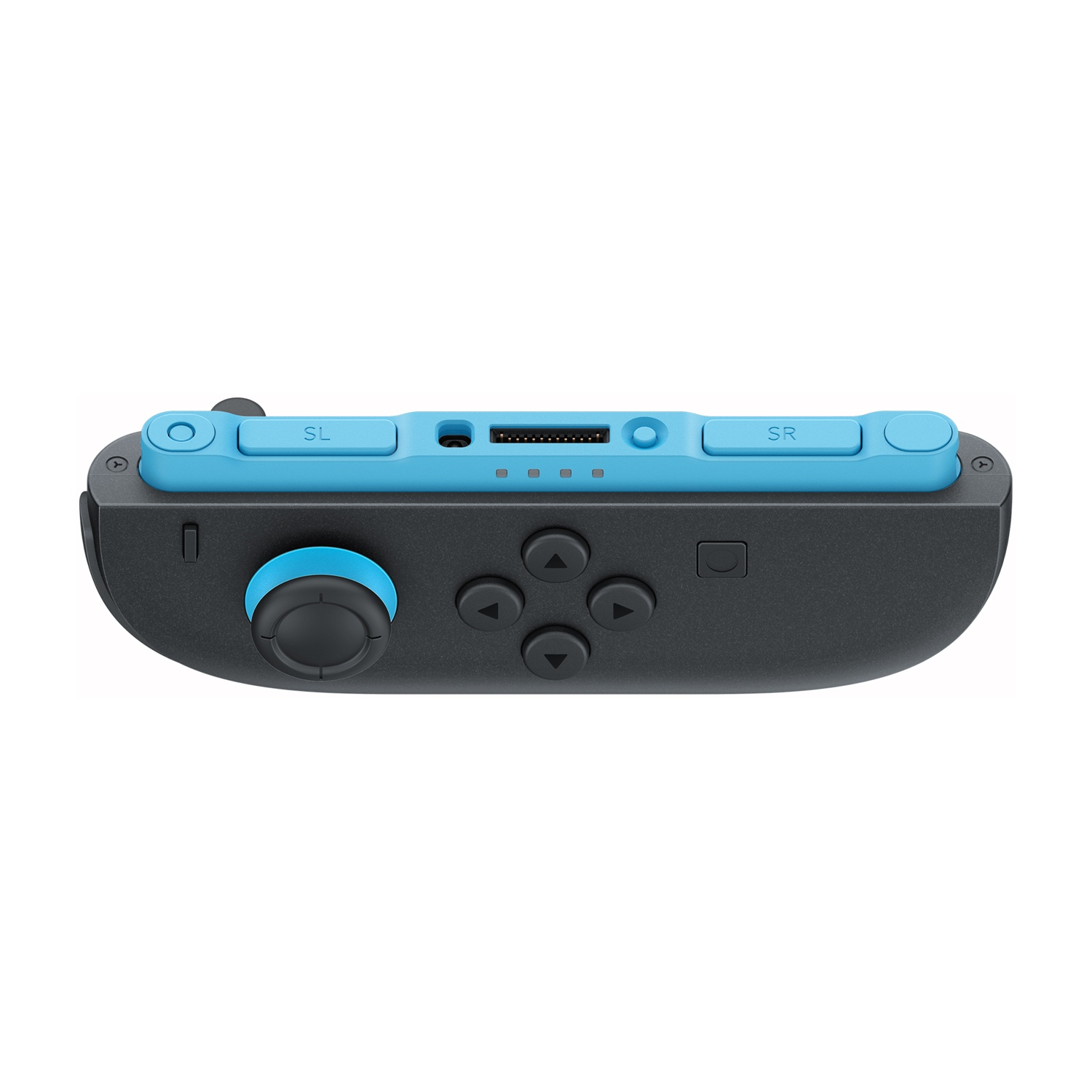 Controller Joy-Con Nintendo Switch blu e nero, vista dall'alto.