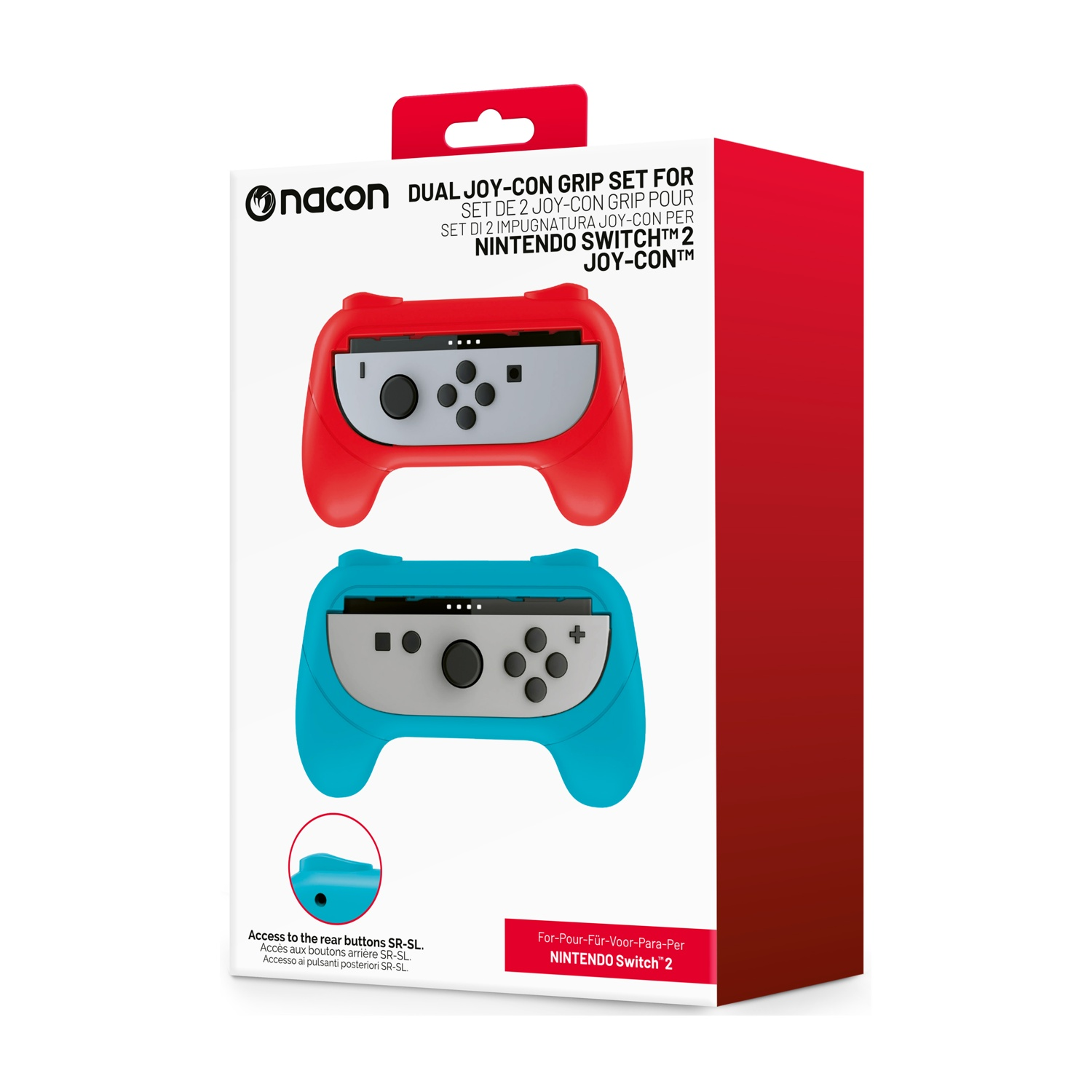Scatola con set di impugnature Joy-Con rosse e blu per Nintendo Switch. La scatola ha il logo Nacon.