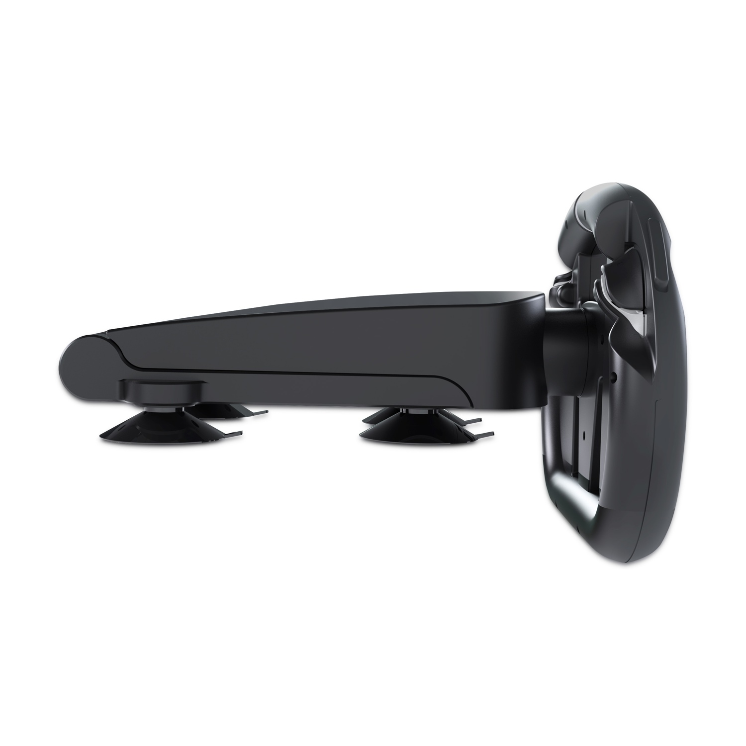 Un volante in bianco e nero per Nintendo Switch con Joy-Cons collegati, su un supporto.