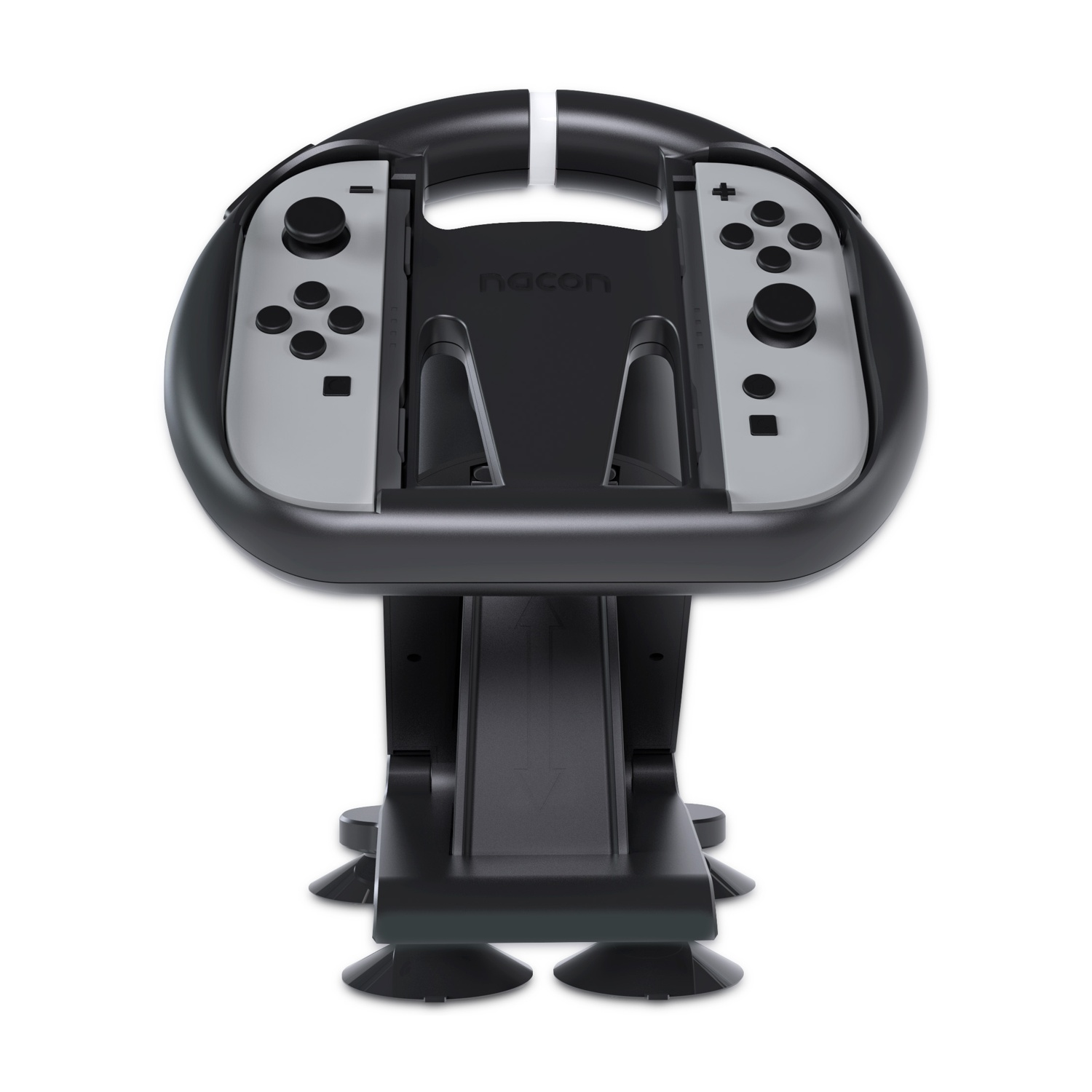 Una vista frontale di un volante in bianco e nero per Nintendo Switch con Joy-Cons collegati.