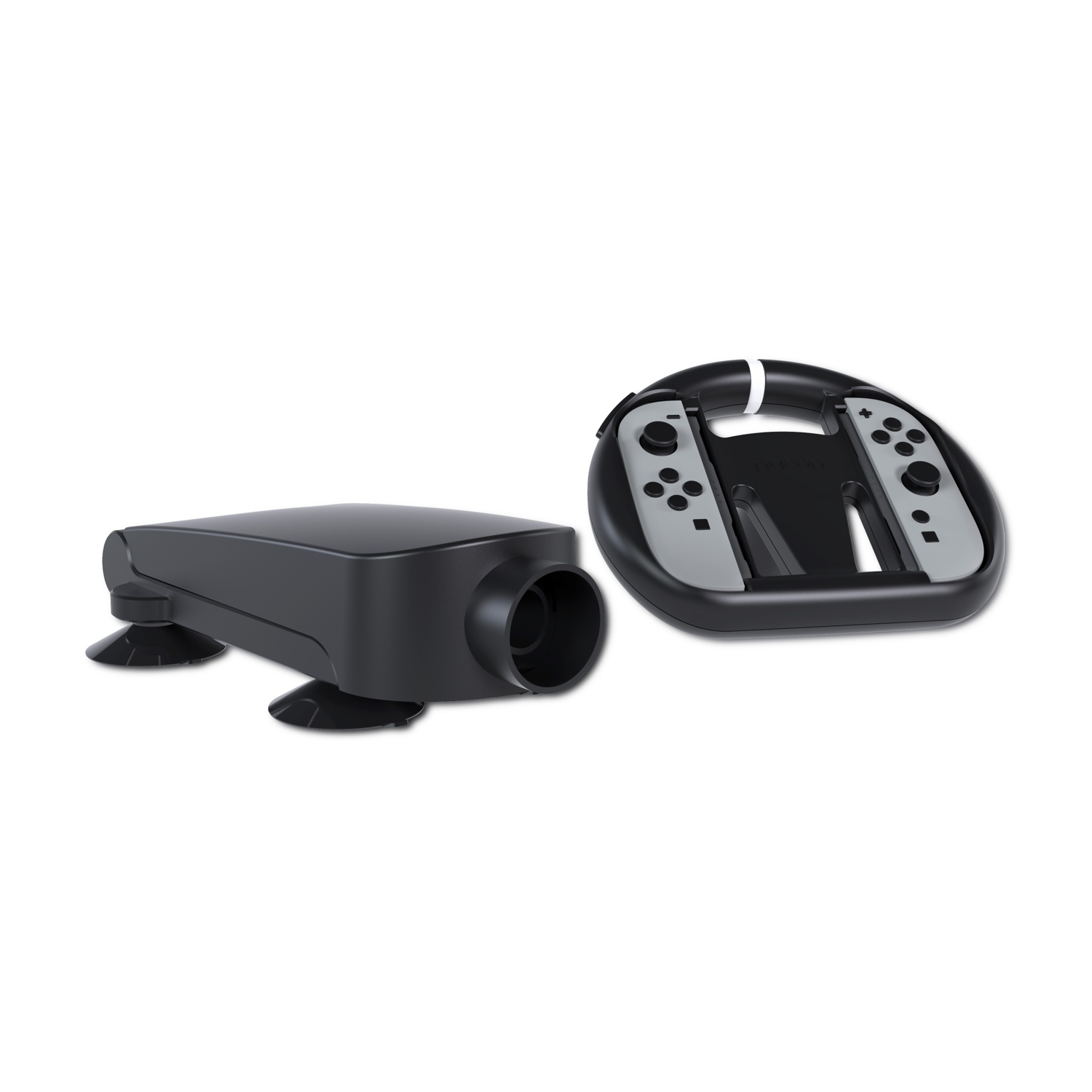 Un volante in bianco e nero per Nintendo Switch e una base nera, su sfondo bianco.