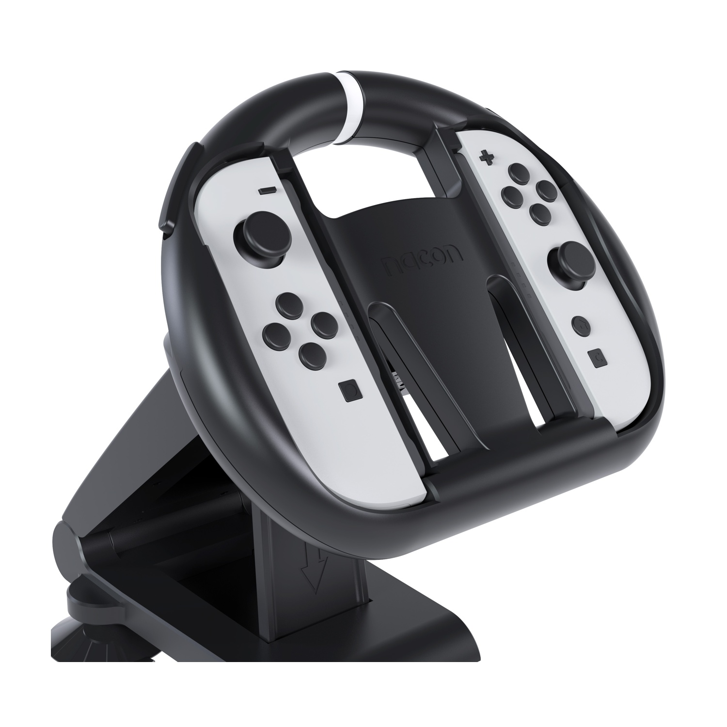Un volante in bianco e nero per Nintendo Switch con Joy-Cons collegati, su un supporto.