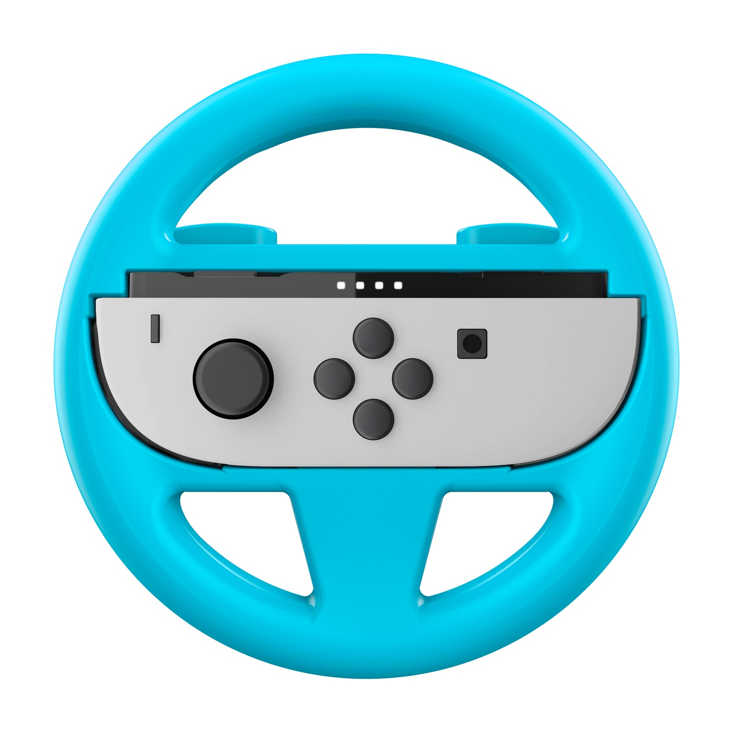 Un volante blu con un controller grigio al centro.