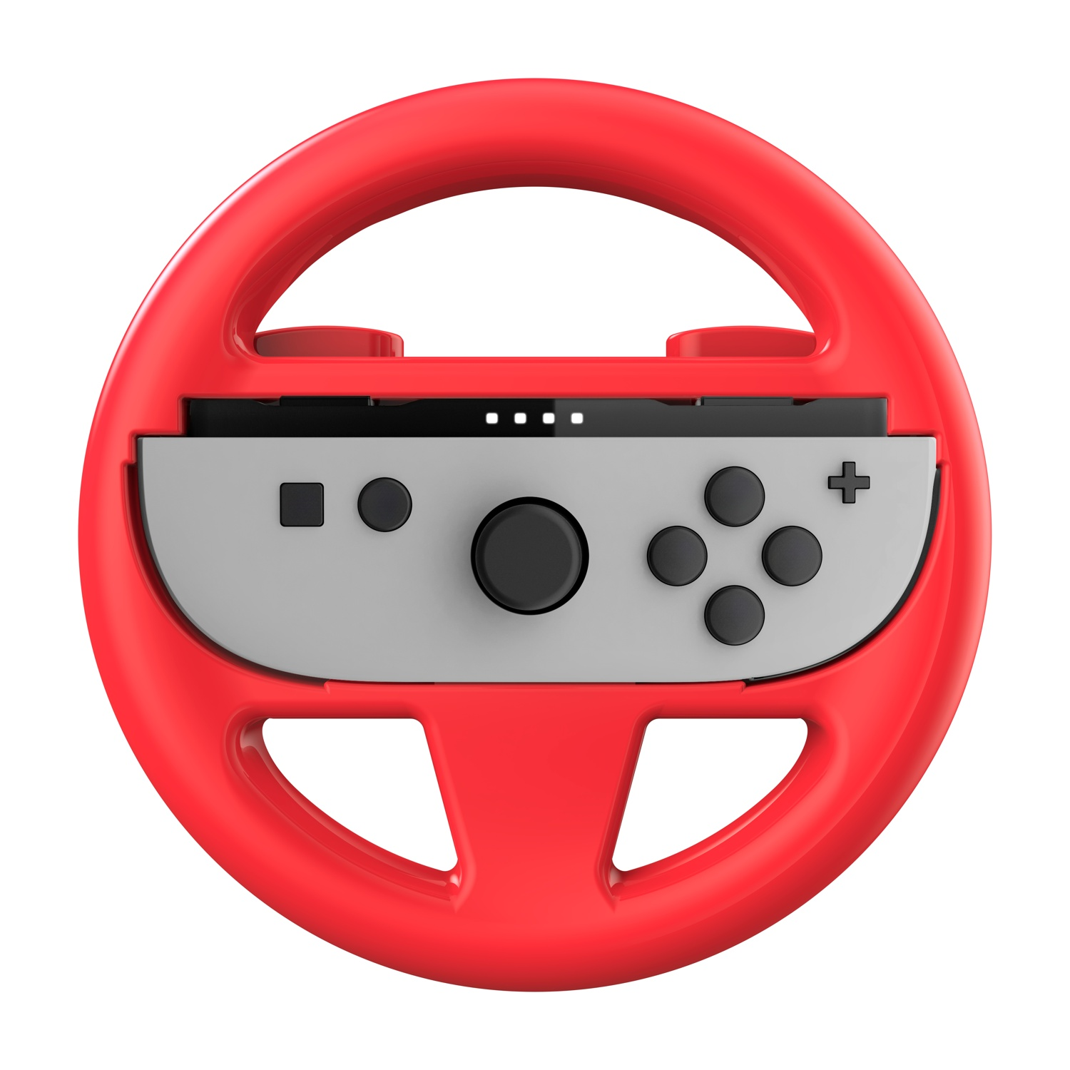 Un volante rosso con un controller grigio al centro.