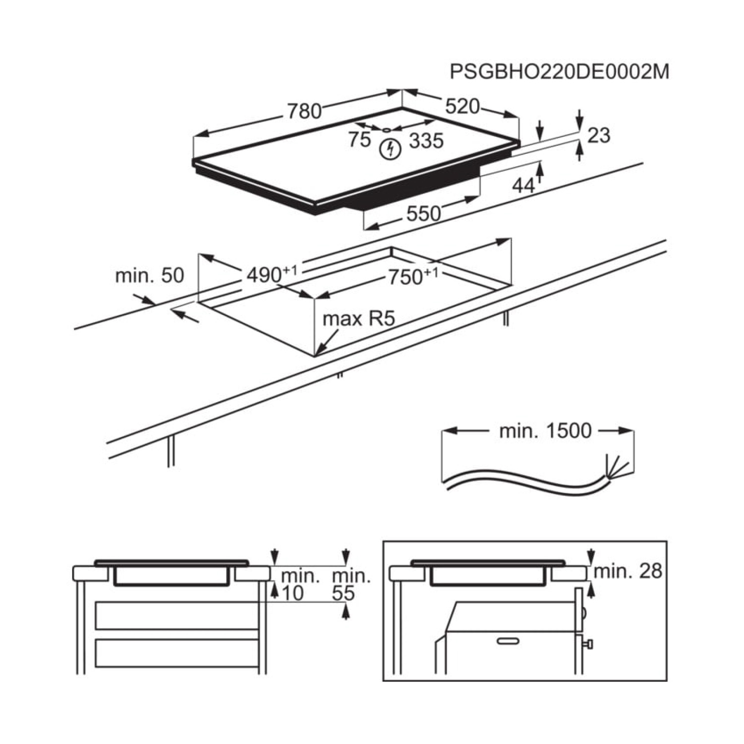 Diagramma di un piano cottura a induzione, che mostra dimensioni e dettagli di installazione. Frecce e misure visibili.