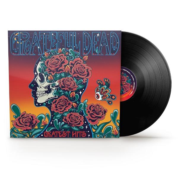 Pochette d'album avec un crâne, des fleurs et un disque vinyle. 'Greatest Hits'.