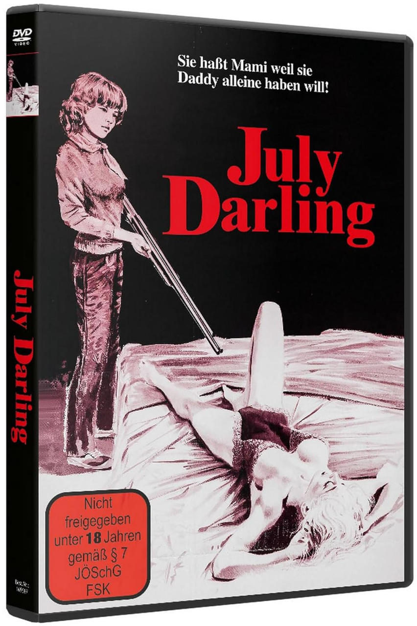 July Darling DVD-Cover. Eine Frau liegt auf dem Bett, eine andere hält Schrotflinte.