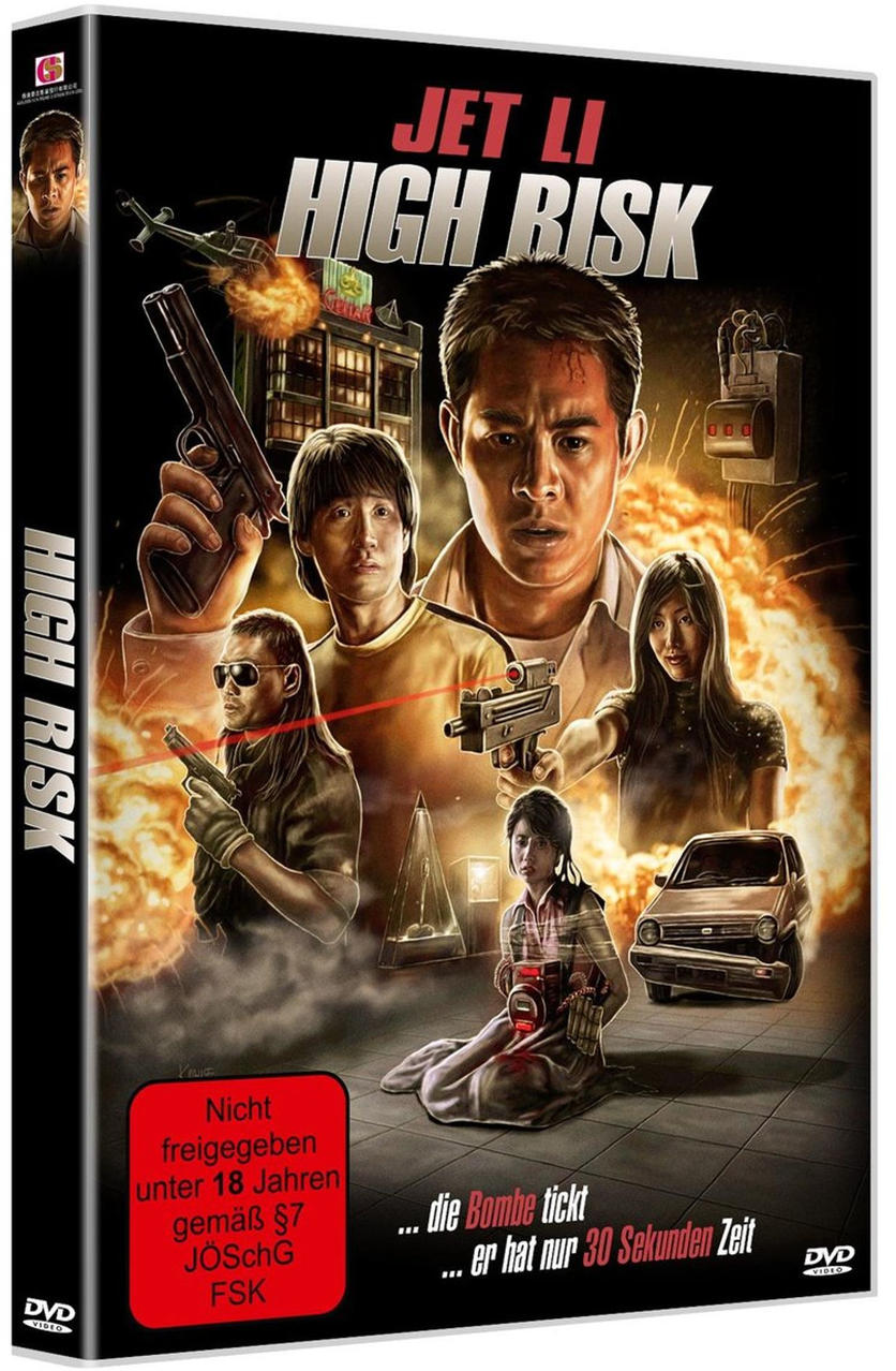 High Risk DVD-Cover: Jet Li mit anderen, Waffen und Explosionen, Action-Szene.
